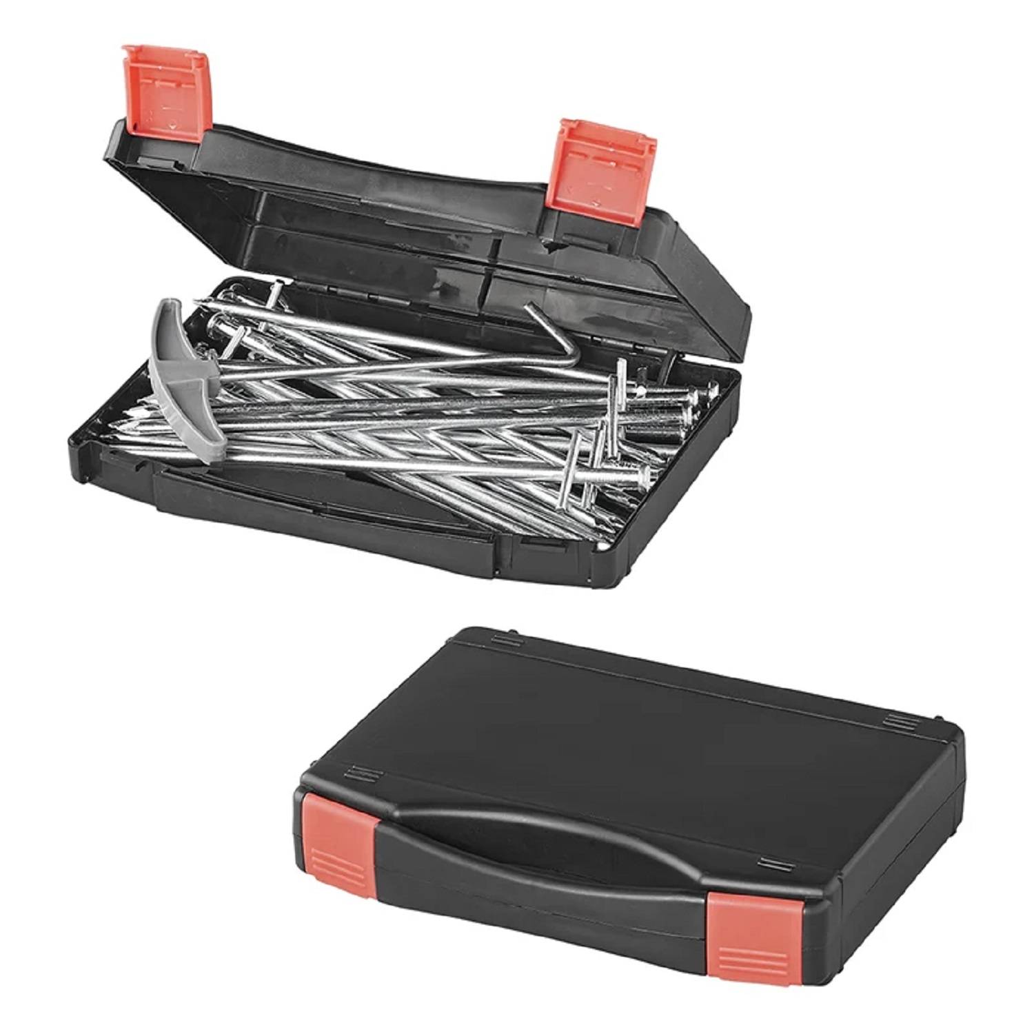 Ein offener schwarzer und roter Plastikakoffer, der einen Satz Metallpflöcke enthält, mit einem geschlossenen identischen Koffer darunter.