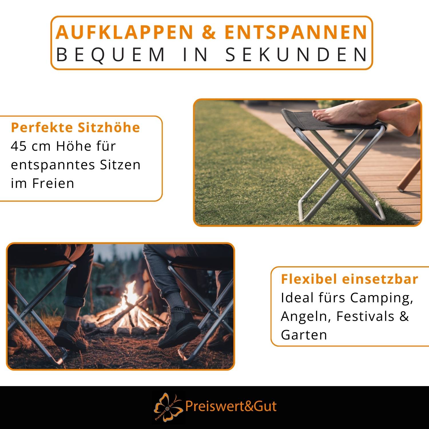 Das Bild zeigt einen klappbaren Hocker mit dem Text: 'Aufklappen & Entspannen: Bequem in Sekunden'. Die Darstellung betont die Mobilität und die Vorteile beim Camping und für Outdoor-Aktivitäten.