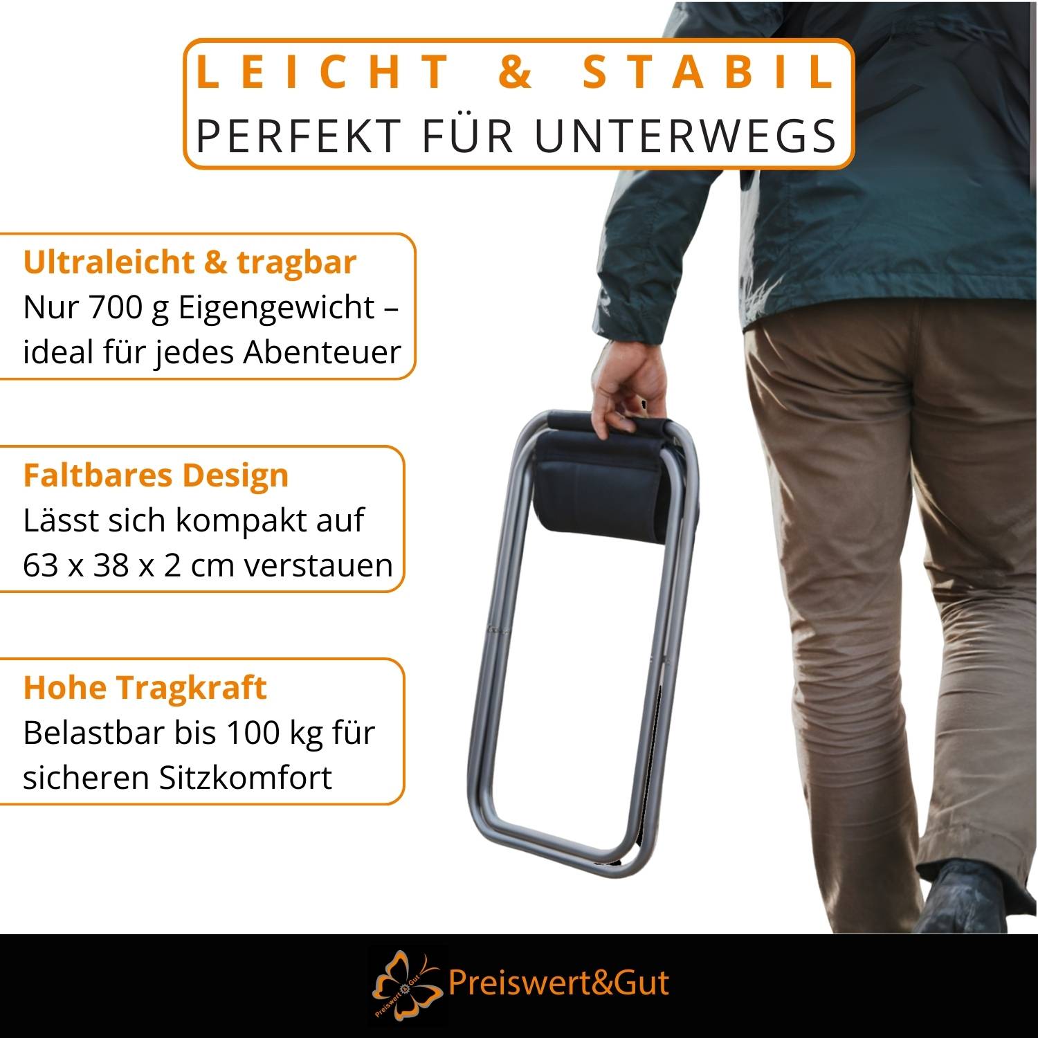 Eine Person hält einen kompakten, ultraleichten Klappstuhl. Der Text hebt Merkmale hervor: ‚Ideal für jedes Gewicht', ‚Kompakte Aufbewahrung', ‚Bis zu 130 kg Tragfähigkeit'.