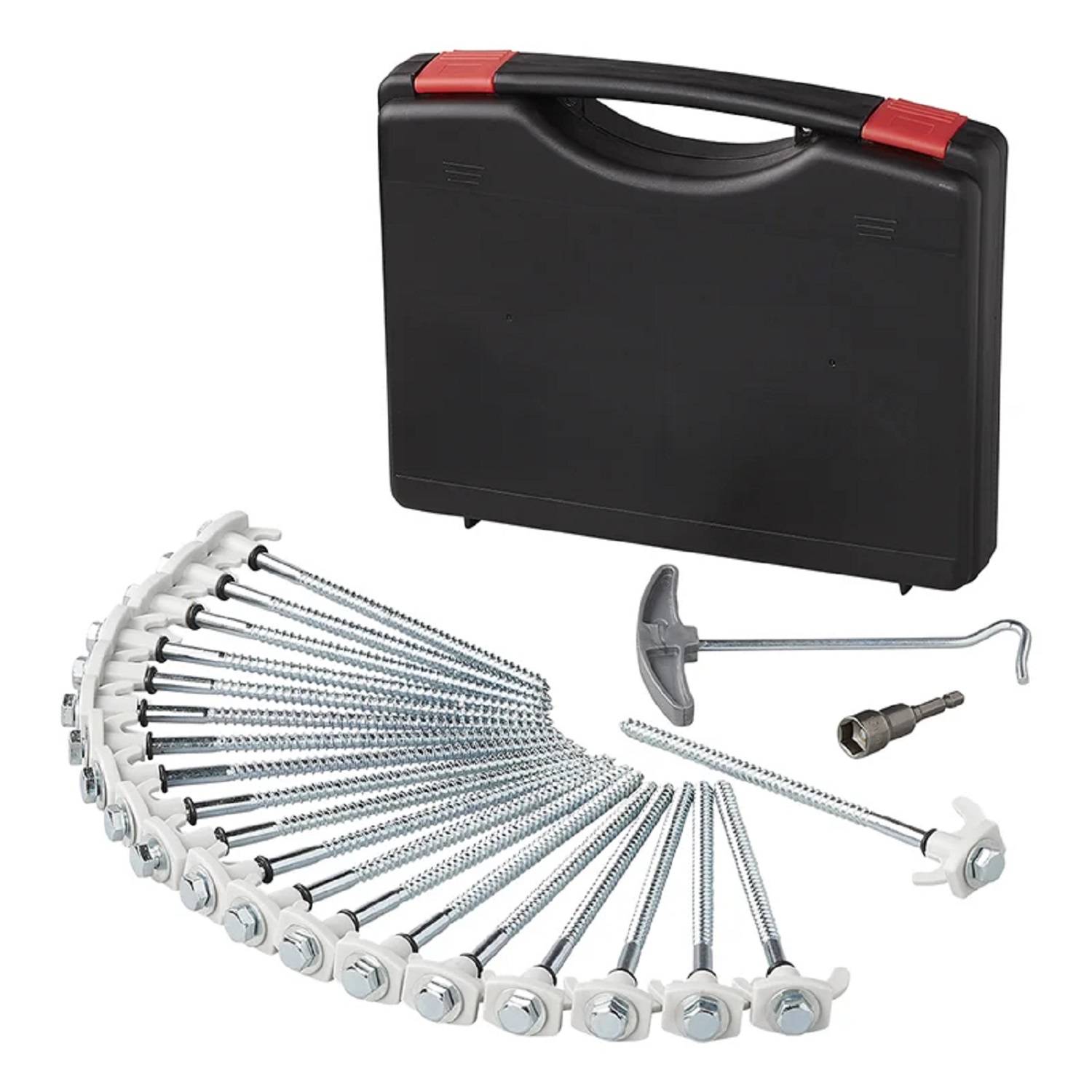 „Satz von Wandbolzen mit Haken, Dübeln und Werkzeugen, die vor einem schwarzen Aufbewahrungskoffer mit Griff für den Zusammenbau angeordnet sind.