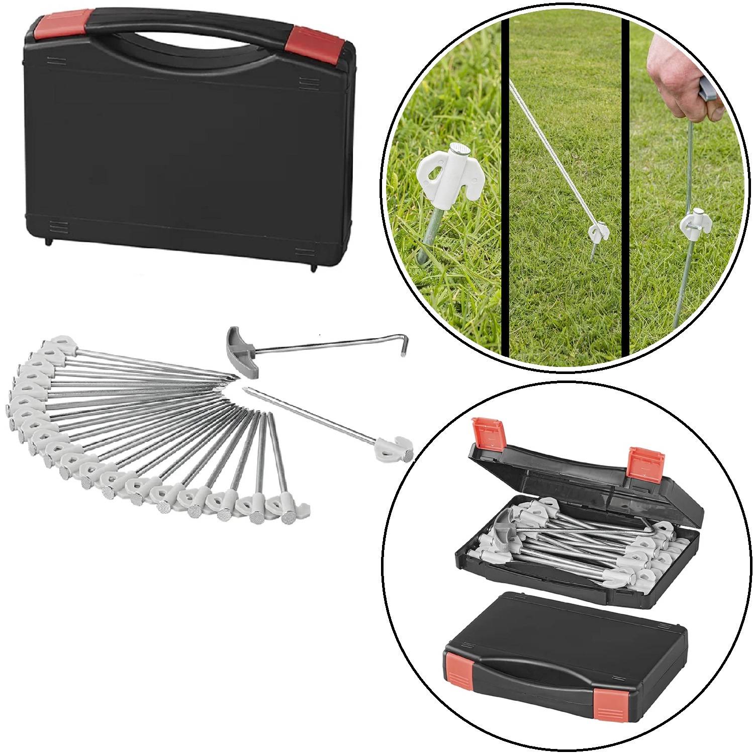 Erdanker' Set präsentiert: umfasst verschiedene Metallspieße und einen Transportkoffer. Bilder zeigen Anker in Gebrauch auf Rasenterrain.