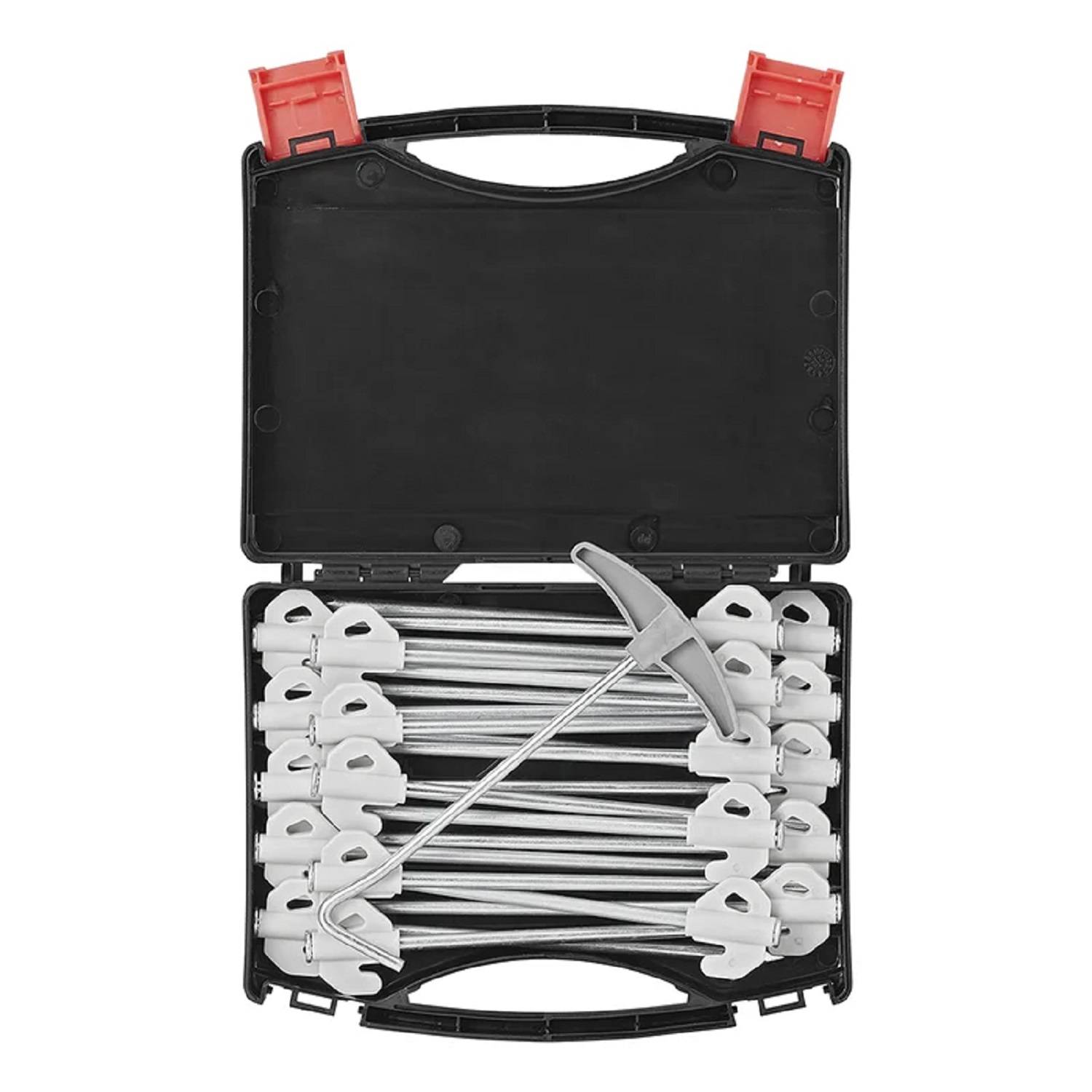 Schwarzer Werkzeugkasten mit roten Clips, geöffnet, um mehrere lange graue T-Griff-Schraubenschlüssel zu zeigen, die darin ordentlich angeordnet sind.