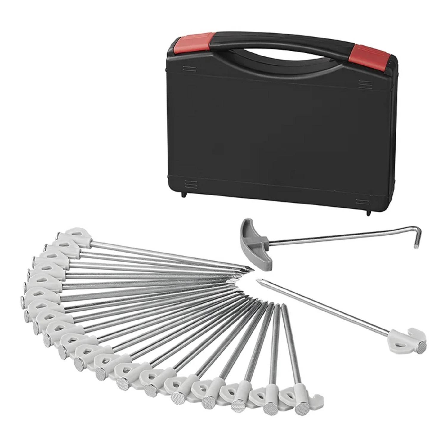 Ein Set mit Heringsankern und Haken sowie einer Aufbewahrungstasche. Beinhaltet einen T-Griff-Herings-Auszieher. Ideal zum Befestigen von Zelten am Boden.