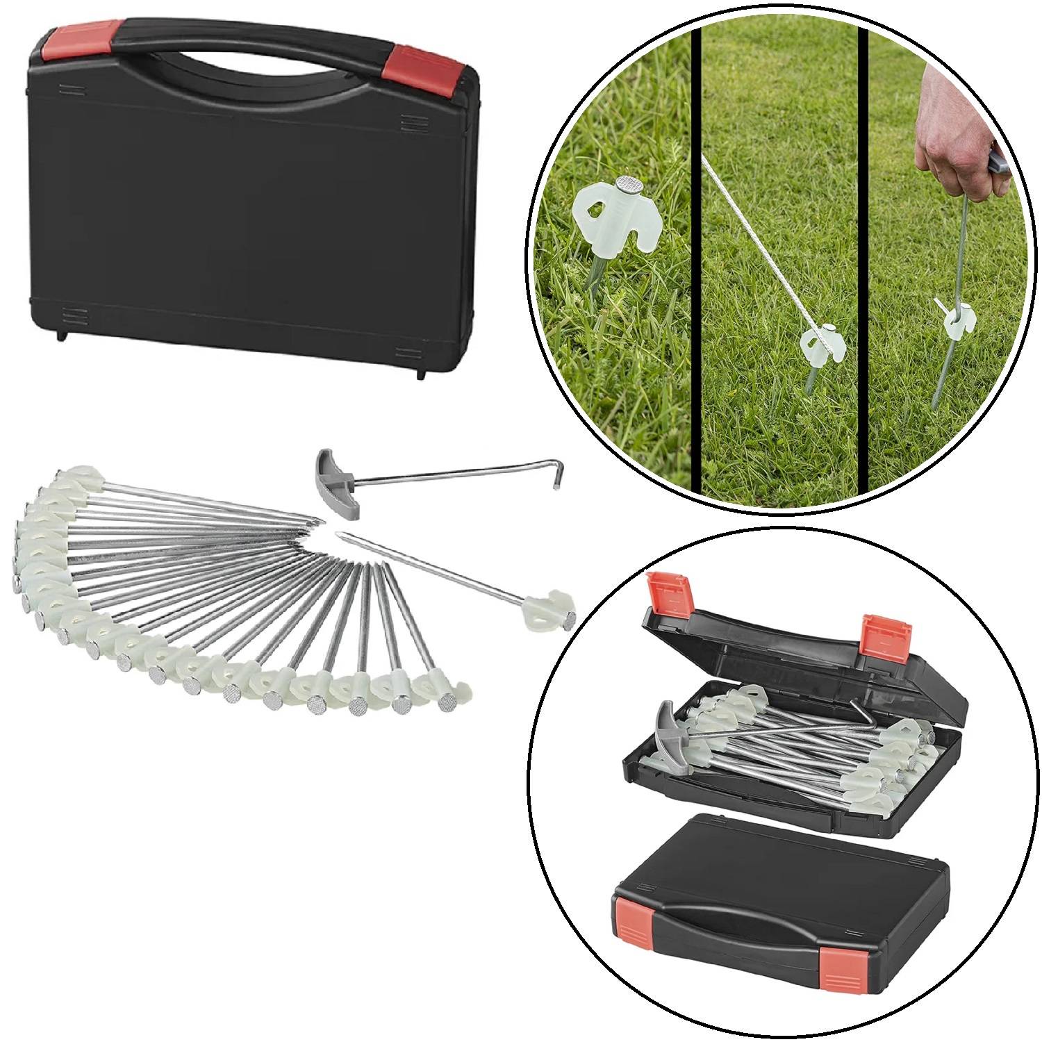 Schwarze Tragetasche mit roten Klammern, die mehrere Gartenpfähle enthält. Bild zeigt Pfähle, die Netz im Gras sichern. Pfähle haben Fächerform.