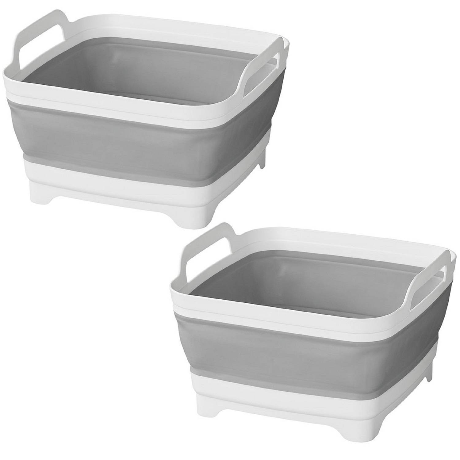 Zwei zusammenklappbare Aufbewahrungsboxen in Grau und Weiß mit Griffen, die in gestapelter Anordnung für effiziente Lagerung gezeigt werden.