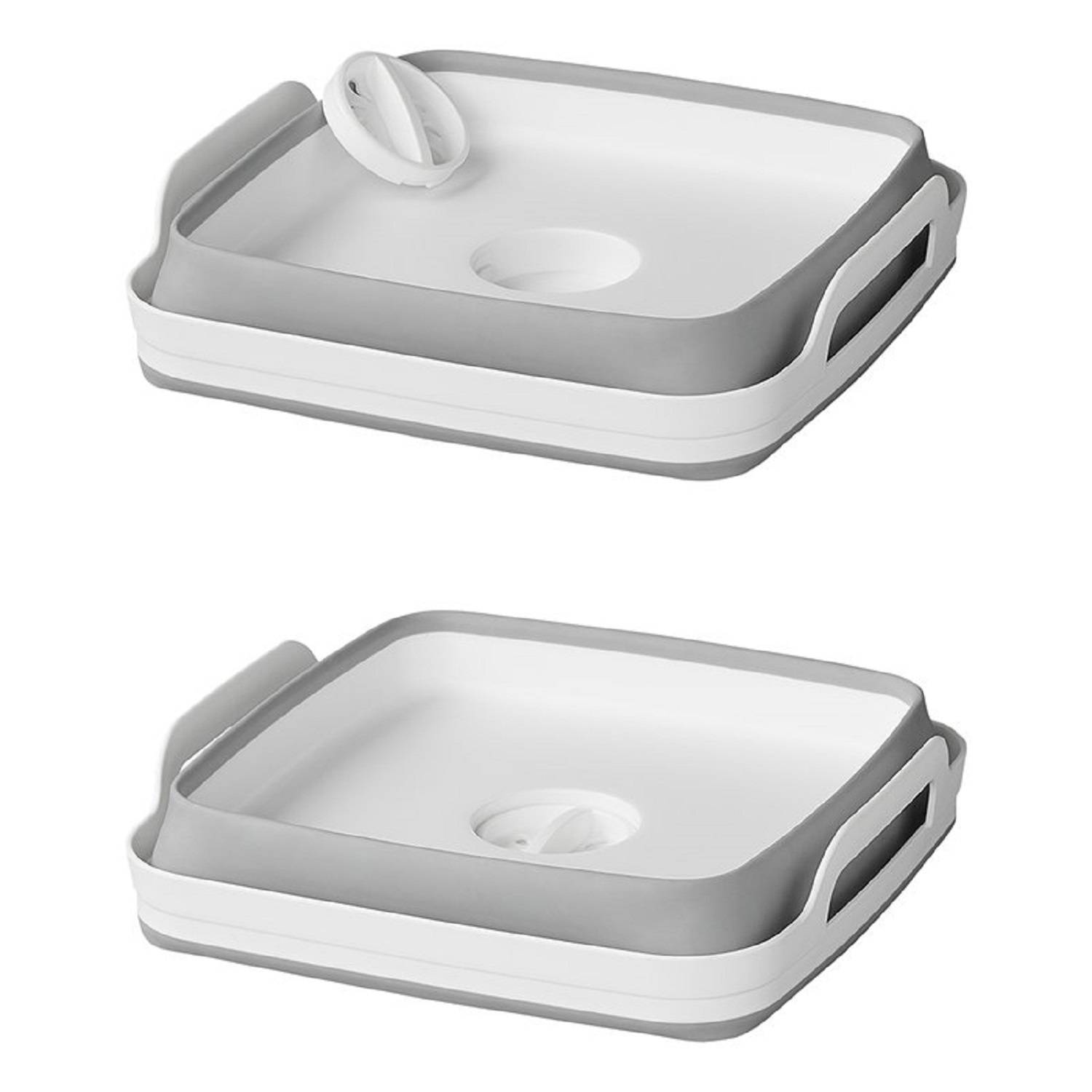 Zwei Plastikdeckel mit Griffen in Grau und Weiß, einer mit einem eingefügten Drehknopf und einer ohne, wahrscheinlich zum Verschließen von Behältern verwendet.