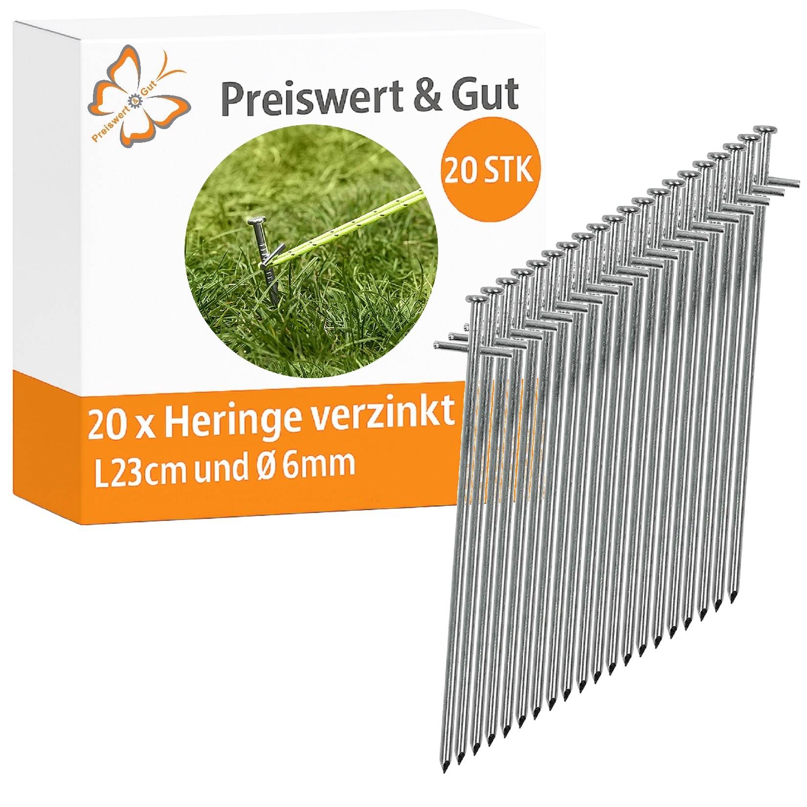 Preiswert & Gut 20 STK Paket mit 20 verzinkten Erdstäben, jeder 23 cm lang, Ø6 mm, teilweise in Gras eingerammt dargestellt.
