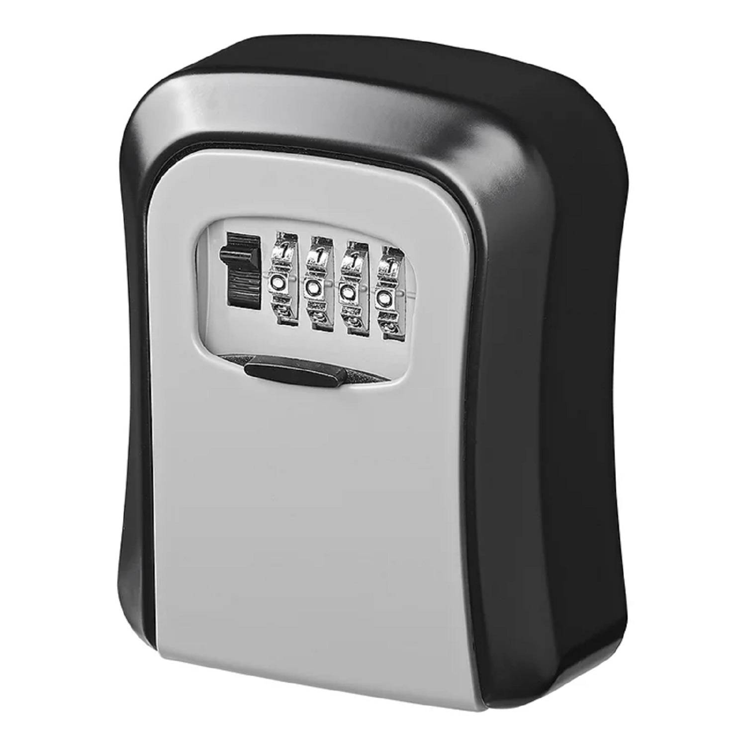 Ein schwarzer und grauer, an der Wand montierter Schlüsseltresor mit einem Vier-Ziffern-Kombinationswahlschalter, der für die sichere Aufbewahrung von Schlüsseln konzipiert ist.