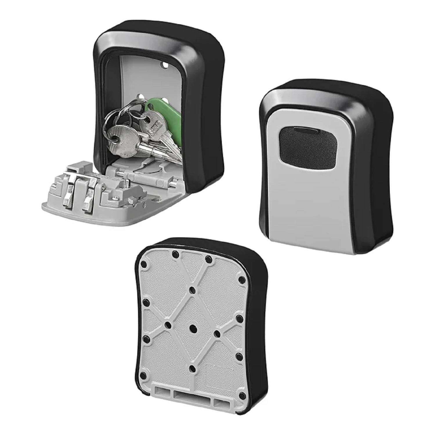 Schlüsseltresor mit Ansichten von geöffnet und geschlossen, der mehrere Schlüssel im Inneren und einen sicheren Verschlussmechanismus auf der Rückseite zeigt.