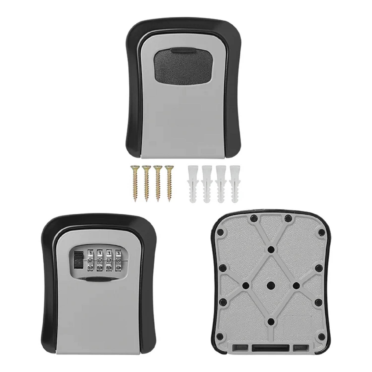 Wandmontierte Schlüsseltresor, geöffnet und geschlossen dargestellt. Inklusive Befestigungsschrauben und Dübeln. Mit Kombinationsschloss und Schutzdeckel.