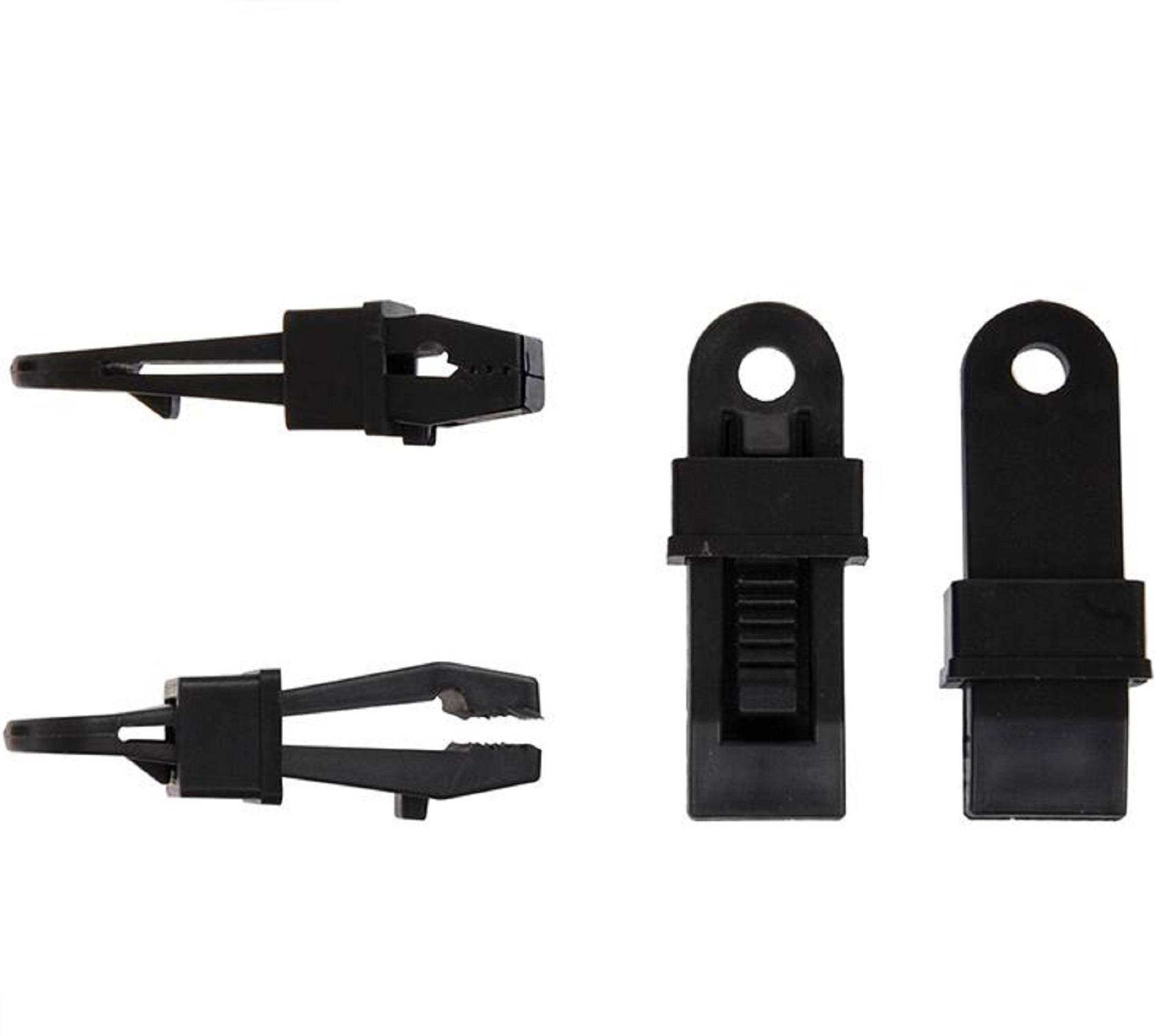 Vier schwarze Plane-Clips mit kreisförmigen Löchern und Greifzähnen sind abgebildet, geeignet zum Befestigen von Planen oder Abdeckungen.