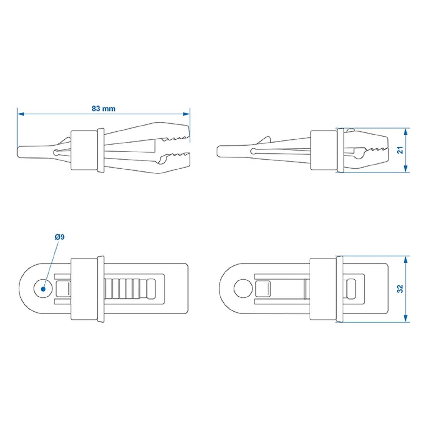Technische Zeichnung eines Wanddübels mit Abmessungen: Länge 83 mm, Breite 32 mm, Höhe 21 mm und Durchmesser 9 mm. Ansichten von oben und der Seite dargestellt.