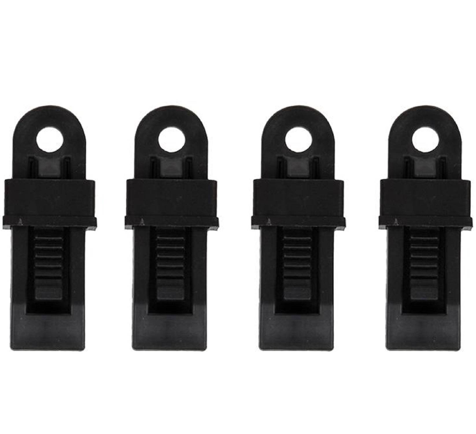 Vier schwarze Klemmhaken, vertikal ausgerichtet vor einem weißen Hintergrund, jeder mit einer kreisrunden Öffnung zum Aufhängen.