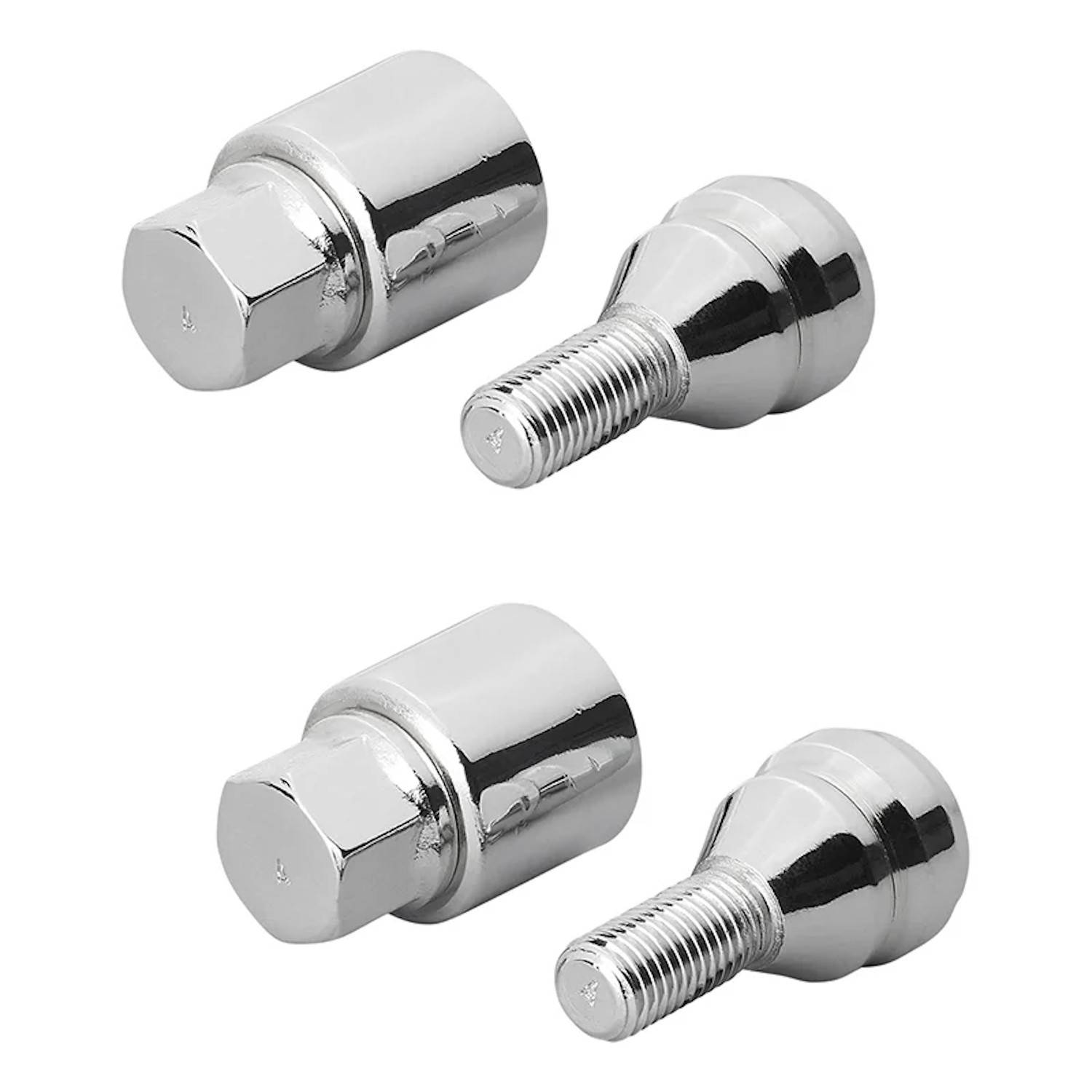 Vier glänzende Metalllugmuttern mit angeschraubten Schrauben, die vor einem weißen Hintergrund liegen. Zwei sind vollständig zusammengebaut, und zwei zeigen die Schrauben separat.
