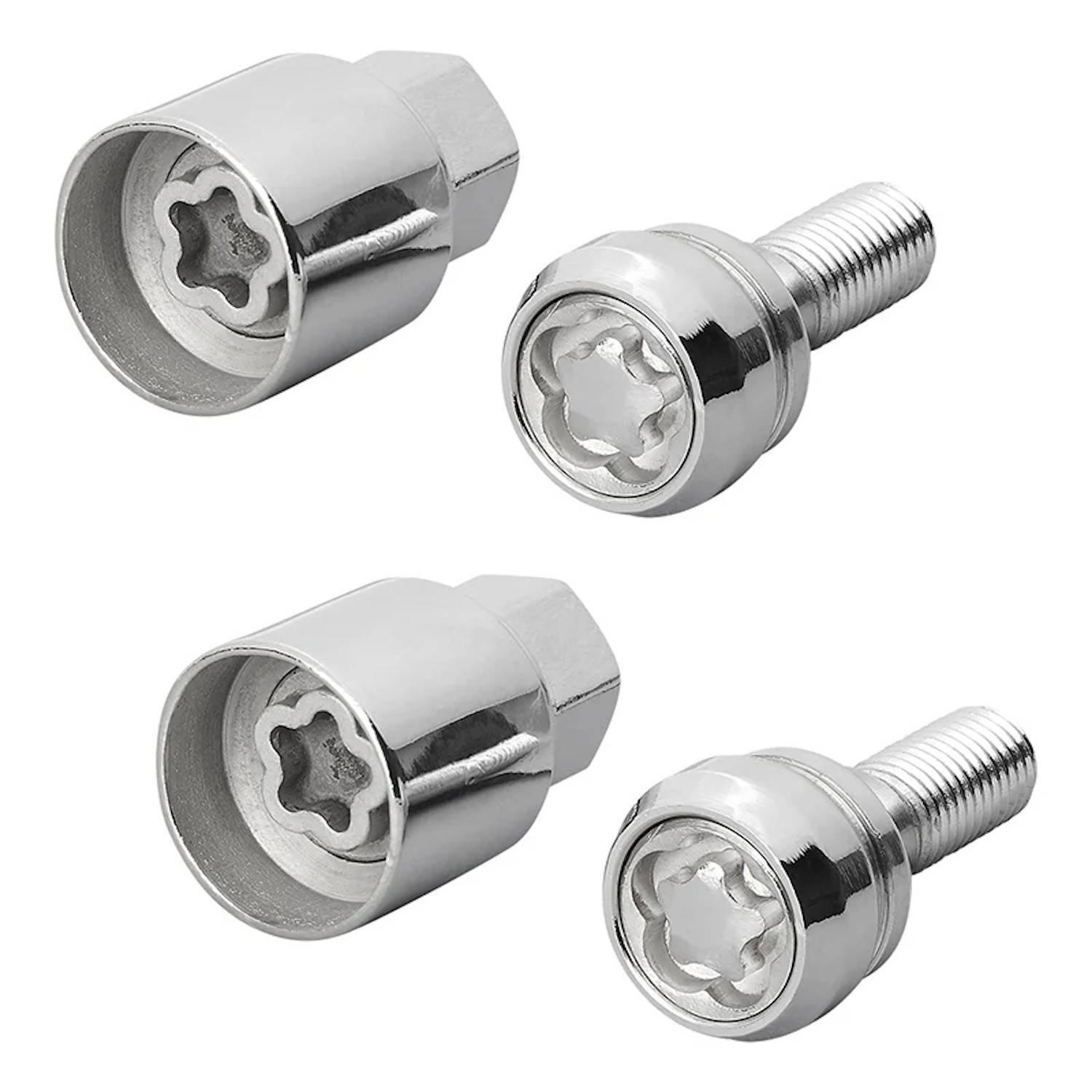 Zwei Chrom-Radmuttern mit Schlüsseln werden gezeigt. Die Muttern verfügen über einzigartige sternförmige Muster zur Sicherheit, die zu den Schlüsseln passen.