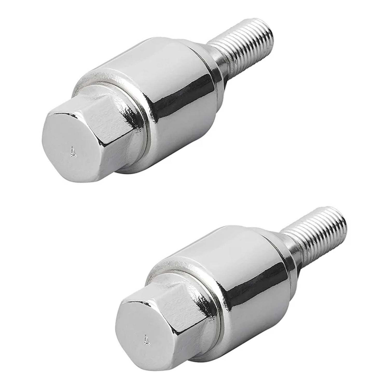 Zwei Sechskantschrauben mit glänzender Metalloberfläche, jede mit einem Gewinde am Ende und einem sechseckigen Kopf, parallel auf einem weißen Hintergrund angeordnet.