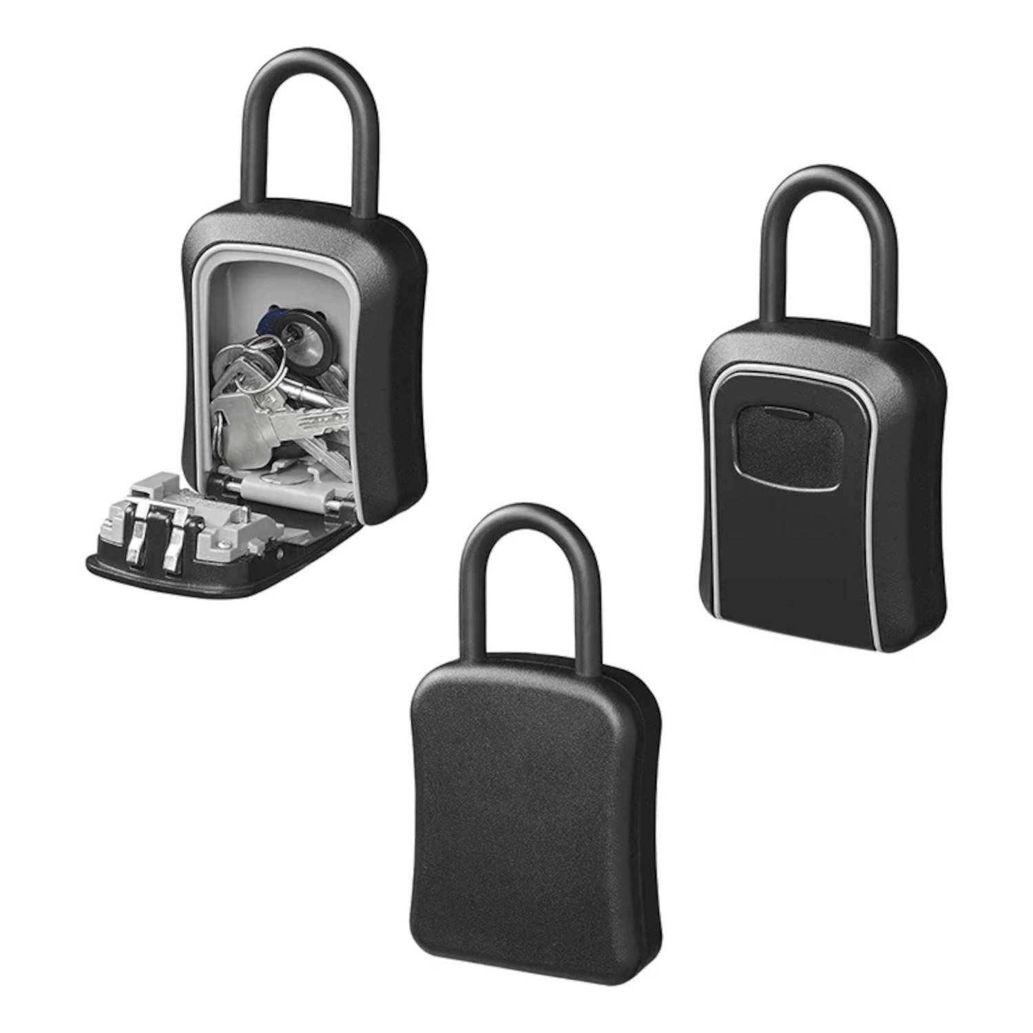 Outdoor-Schlüsseltresor mit Bügelschloss. Erste Ansicht zeigt Inhalt einschließlich Schlüssel. Zweite und dritte Ansichten zeigen geschlossenen Schlüsseltresor von vorne und hinten.