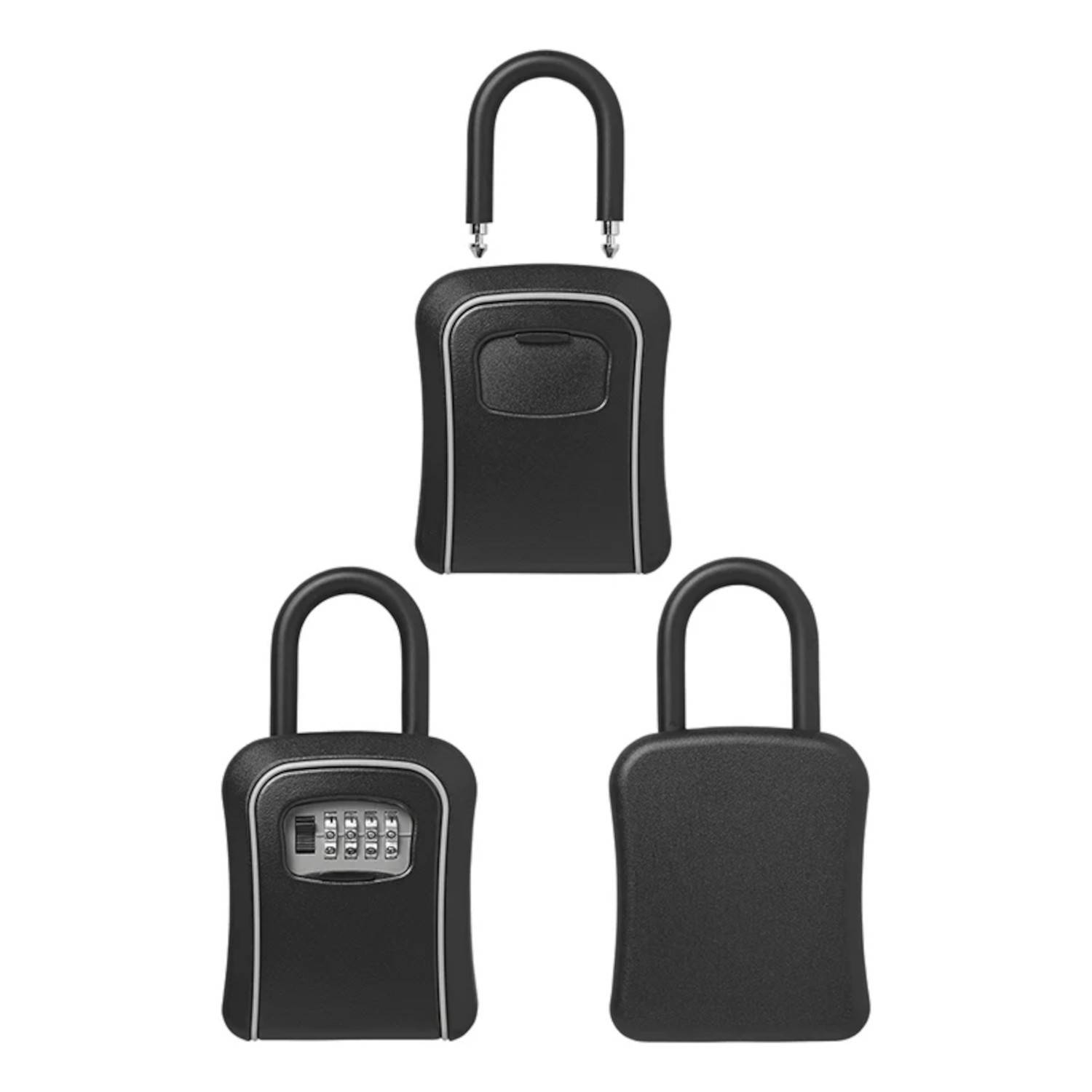 Drei Ansichten einer schwarzen Schlossbox: geschlossene Vorderseite, geöffnet mit vierstelligem Kombinationsschloss, und Rückansicht.