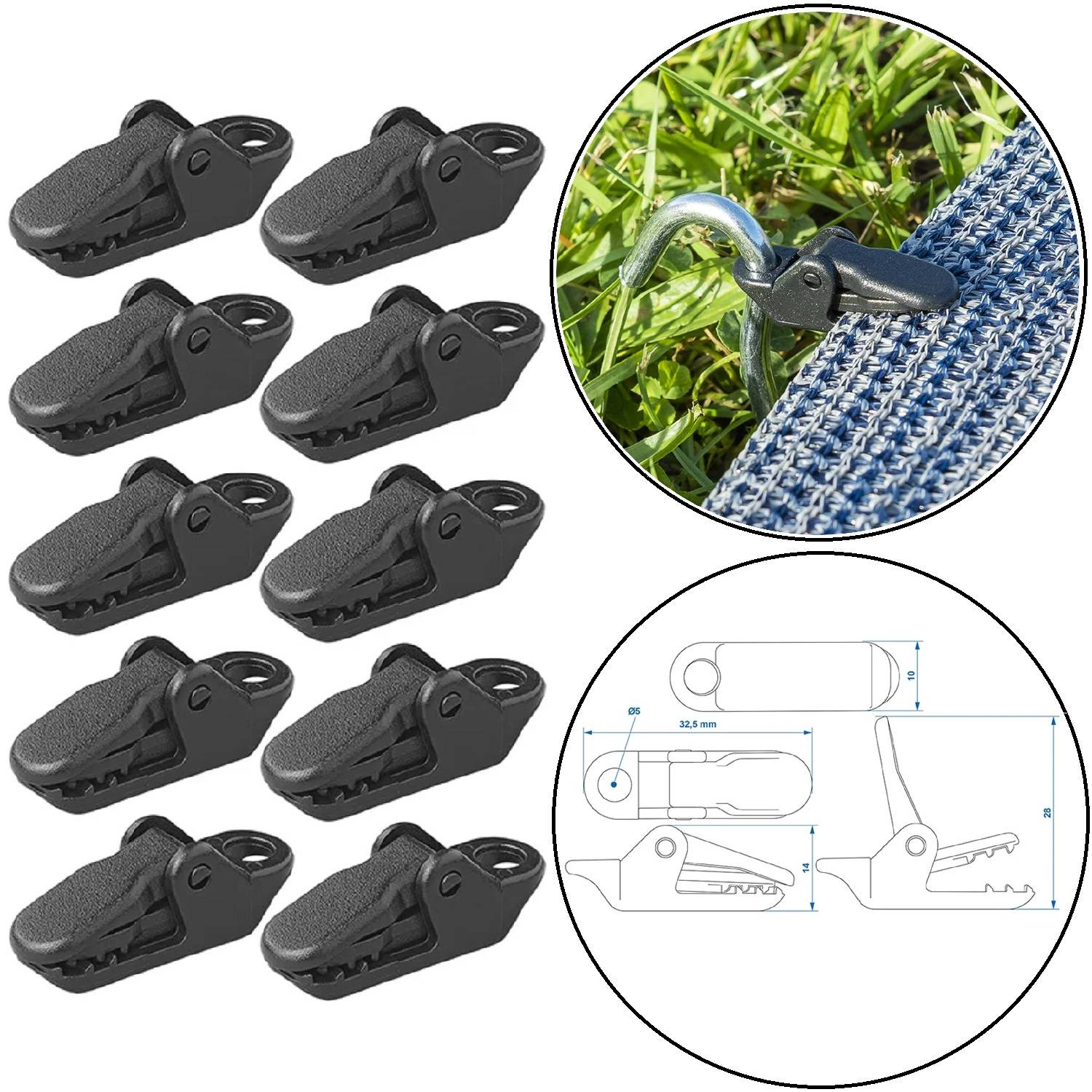 Zehn schwarze Spannhaken mit Griffen werden gezeigt. Ein Detailbild demonstriert, wie ein Clip einen Stoff am Boden befestigt. Eine Grafik zeigt die Abmessungen des Clips.