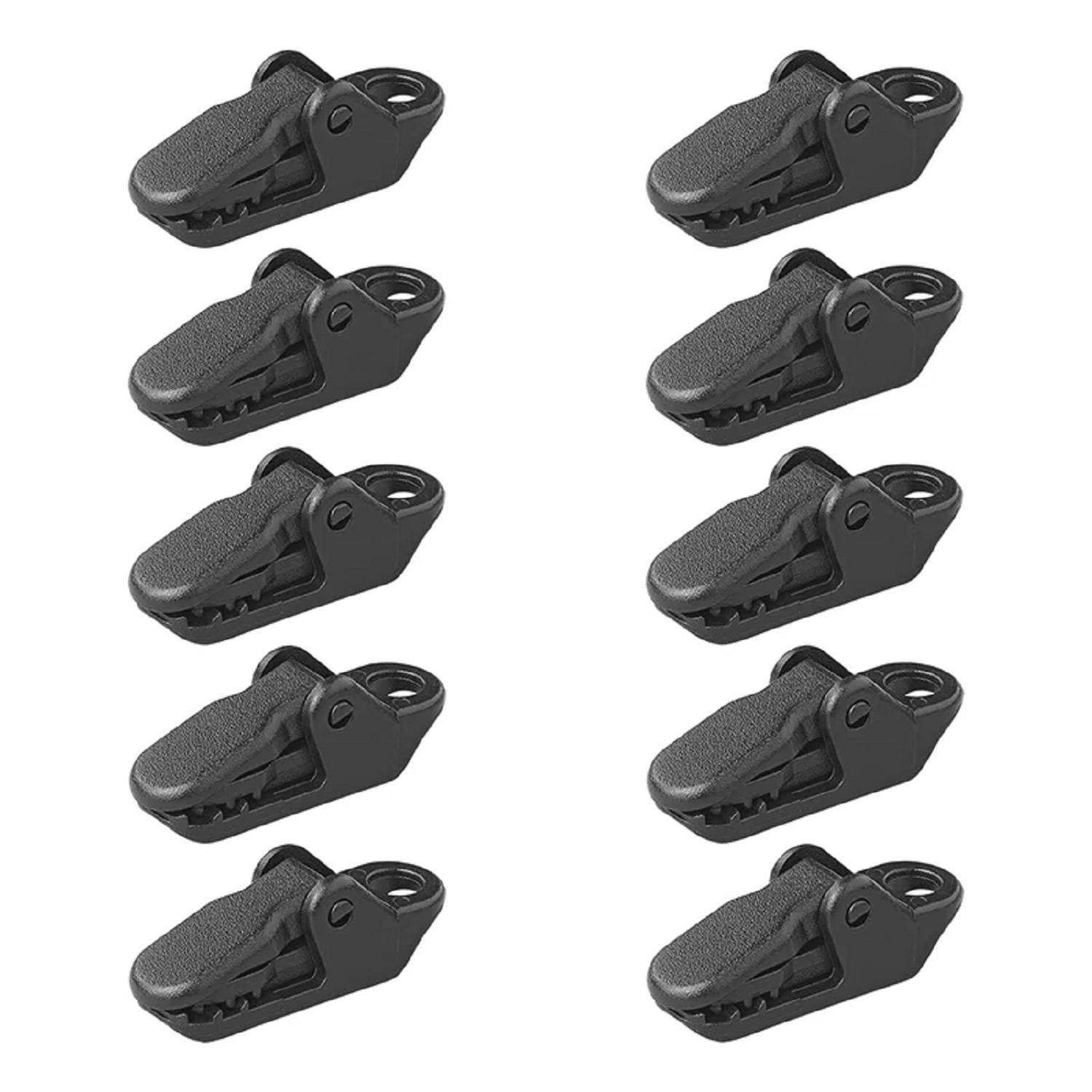 Neun schwarze Plane-Clips in einem Gittermuster angeordnet, jeder mit einem Greifmechanismus zur Befestigung von Materialien.