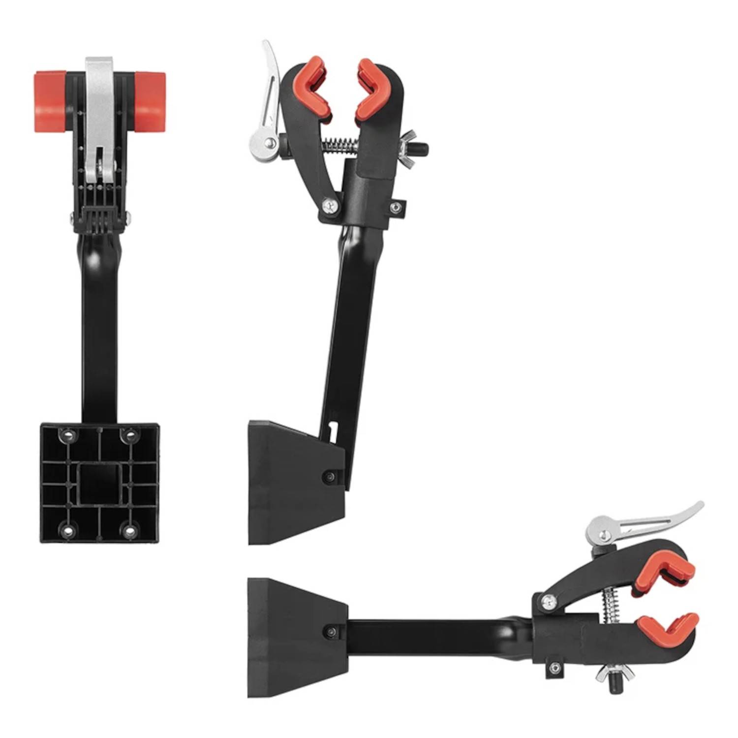 Fahrrad-Reparaturständer-Klemmvorrichtungen mit verstellbaren Armen zum sicheren Festhalten von Fahrrädern. Rot und schwarz, aus verschiedenen Blickwinkeln dargestellt.