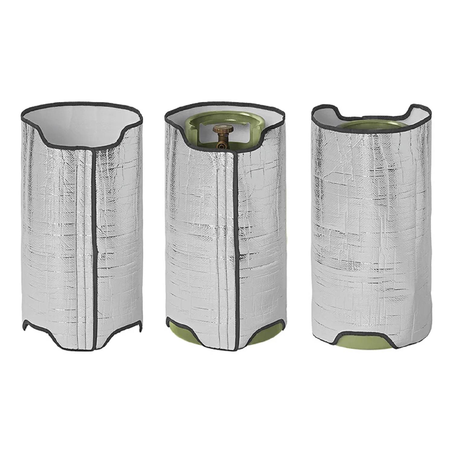 Drei silberne isolierte Zylinderhüllen für Gasflaschen, aus verschiedenen Blickwinkeln dargestellt.