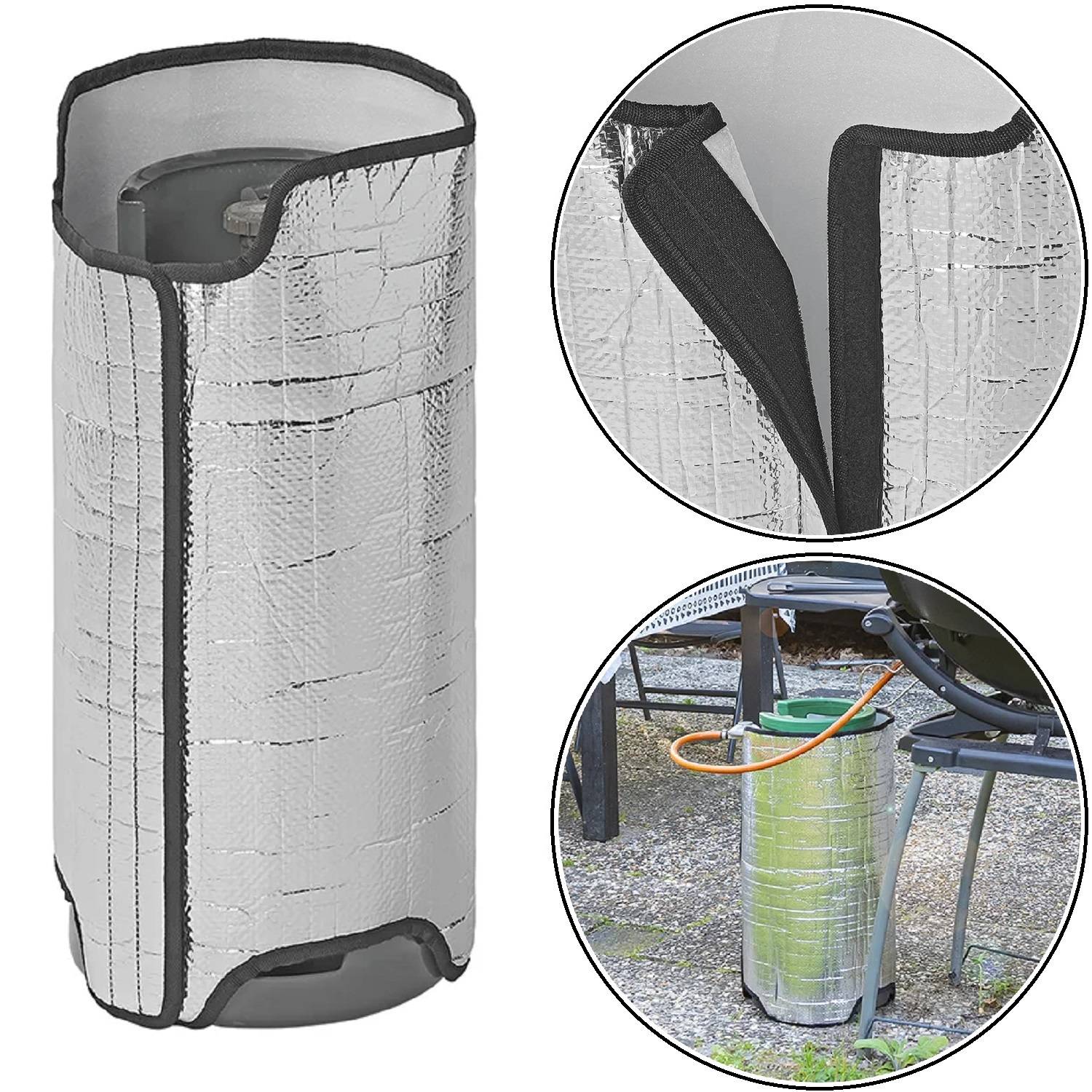 Isolierhülle für eine Gasflasche; hält Gas warm und verhindert das Einfrieren. Zwei Detailaufnahmen zeigen den Reißverschluss der Hülle und deren Verwendung im Freien.