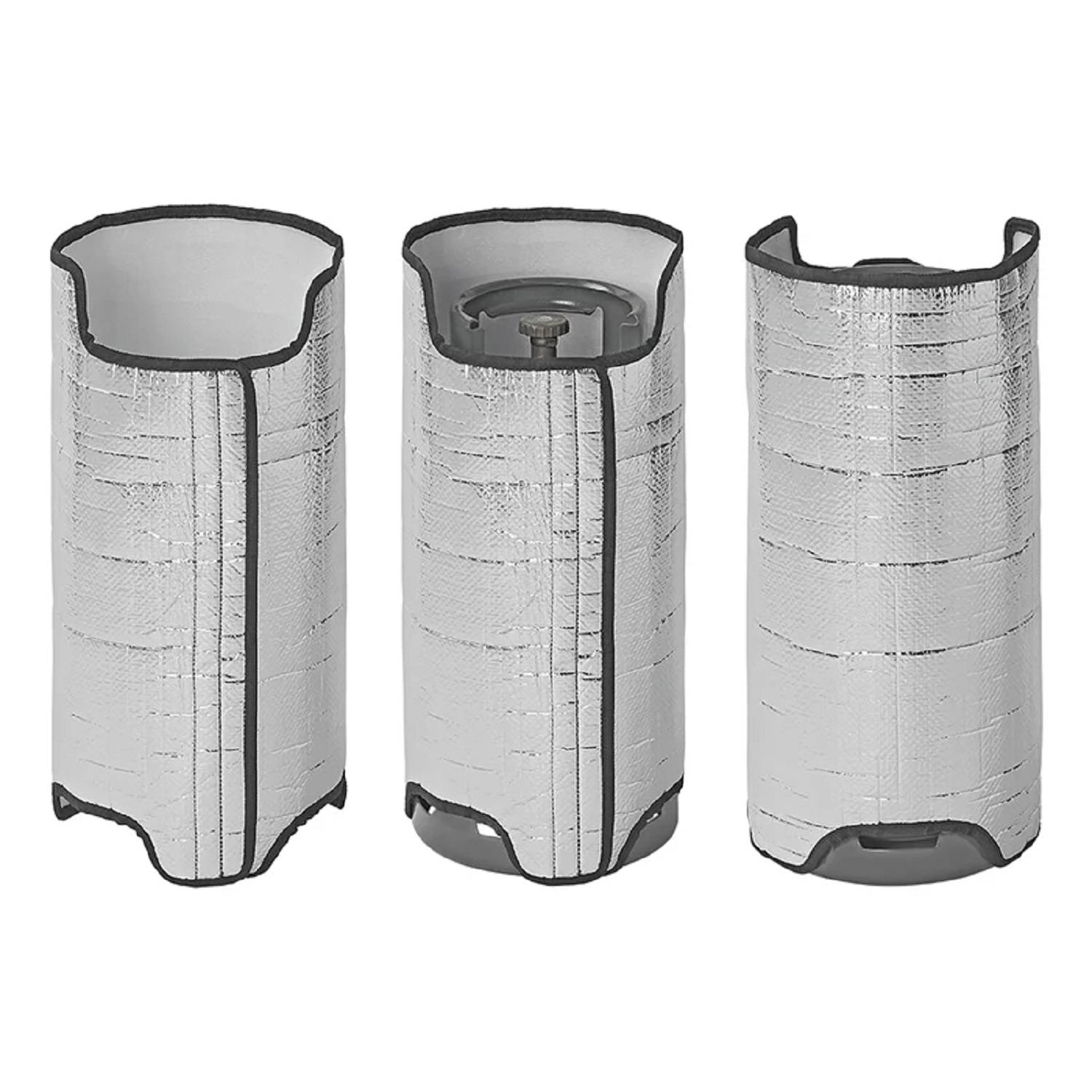 Drei silberne, isolierende Abdeckungen für Fässer, aus verschiedenen Blickwinkeln dargestellt, entwickelt zum Kühlen von Getränken.