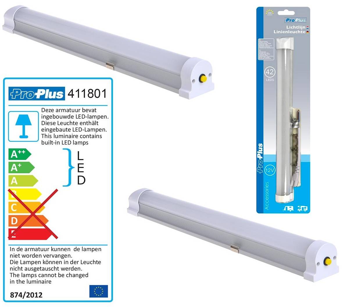 Verpackung des 'ProPlus LED Linear Light' mit einer weißen linearen LED-Leuchte, Produktspezifikationen und europäischer Konformitätskennzeichnung.