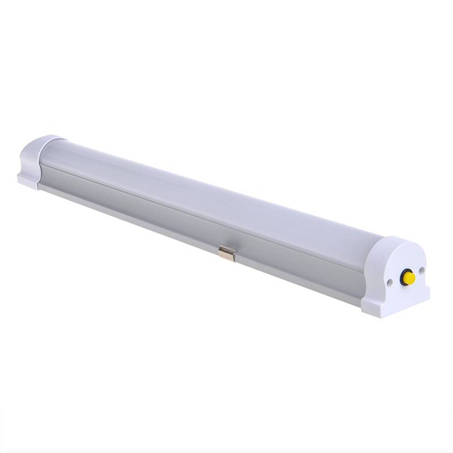 Eine kompakte, tragbare LED-Taschenlampe mit zylindrischer Form und weißem Gehäuse, ausgestattet mit einem seitlichen Schalter zur Bedienung. Ideal für Notfälle.