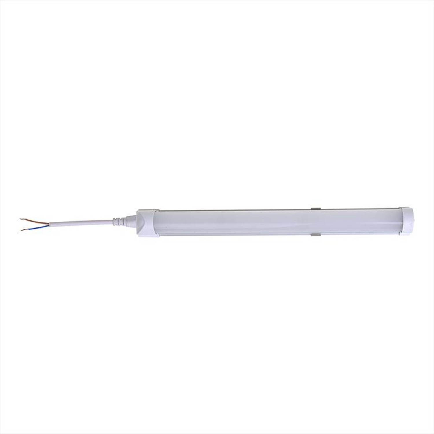 Eine LED-Röhrenleuchte mit weißem Gehäuse und freiliegenden Kabeln, geeignet für Innenbeleuchtungsanwendungen.