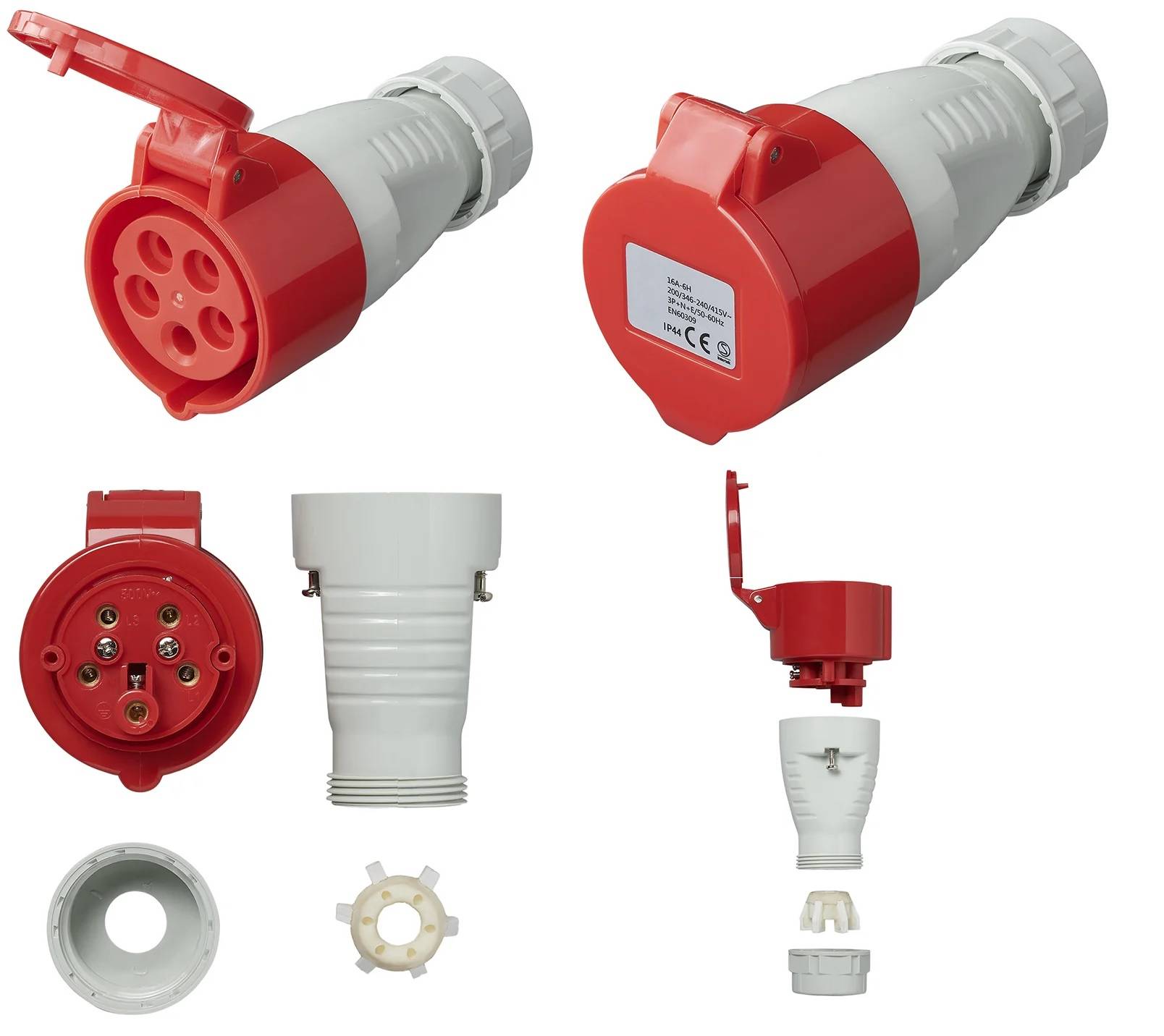 Verschiedene Ansichten eines roten und weißen industriellen Elektro-Steckers und einer Steckdose, die verschiedene Komponenten und Anschlusspunkte zeigen.