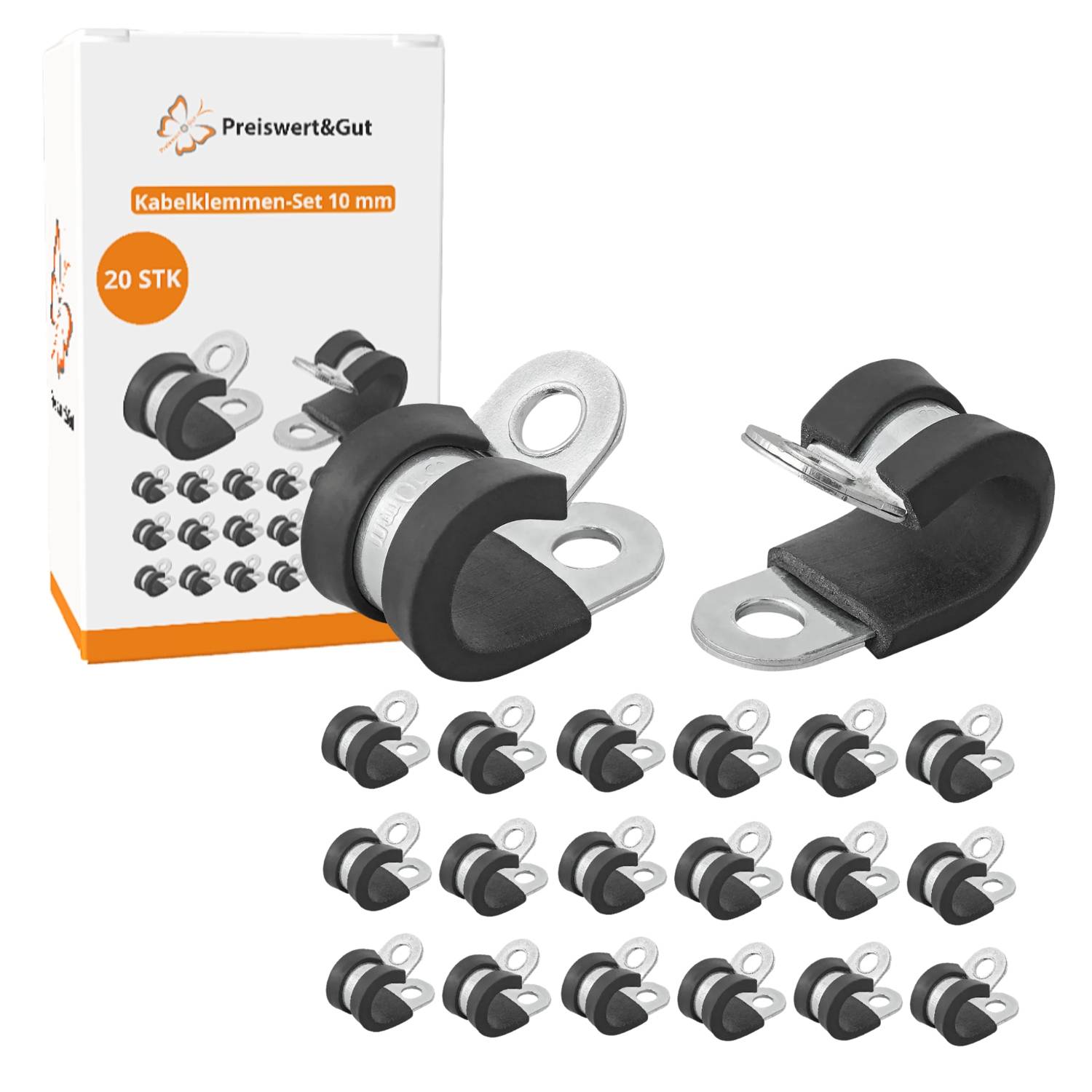 Kabelschellensatz 10 mm, 20 Stück, Preiswert & Gut Markenverpackung mit darunter angeordneten Schellen.