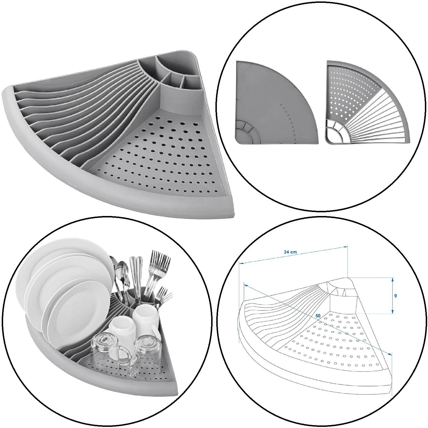 Eckabstellfläche für Geschirr in Grau mit mehreren Fächern für Teller, Besteckkörben und einer gelochten Ablaufzone. Größe: 34 cm.