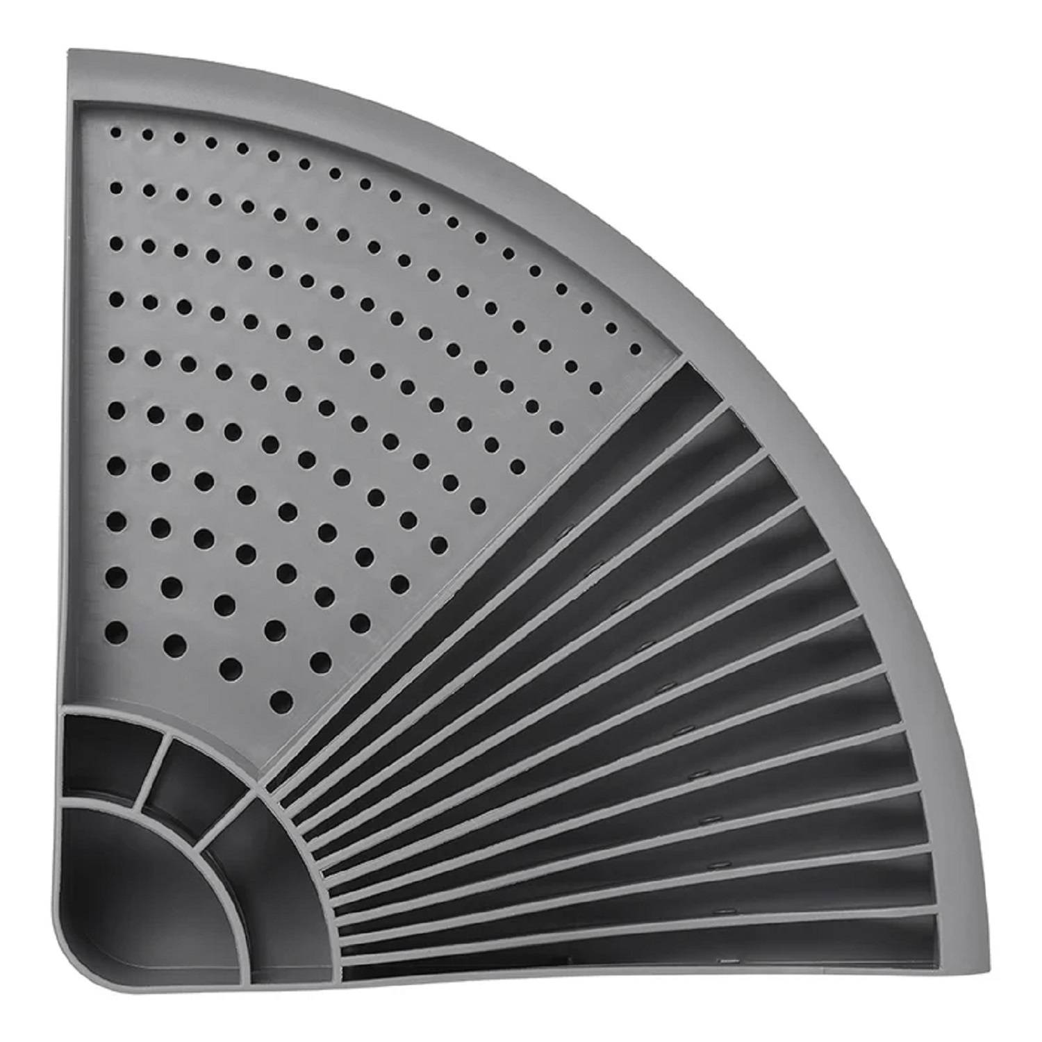 Ein graues Eckregal mit gelochten Paneelen und belüfteten Abschnitten, die für die Entwässerung konzipiert sind und sich für die Dusche oder das Badezimmer eignen.