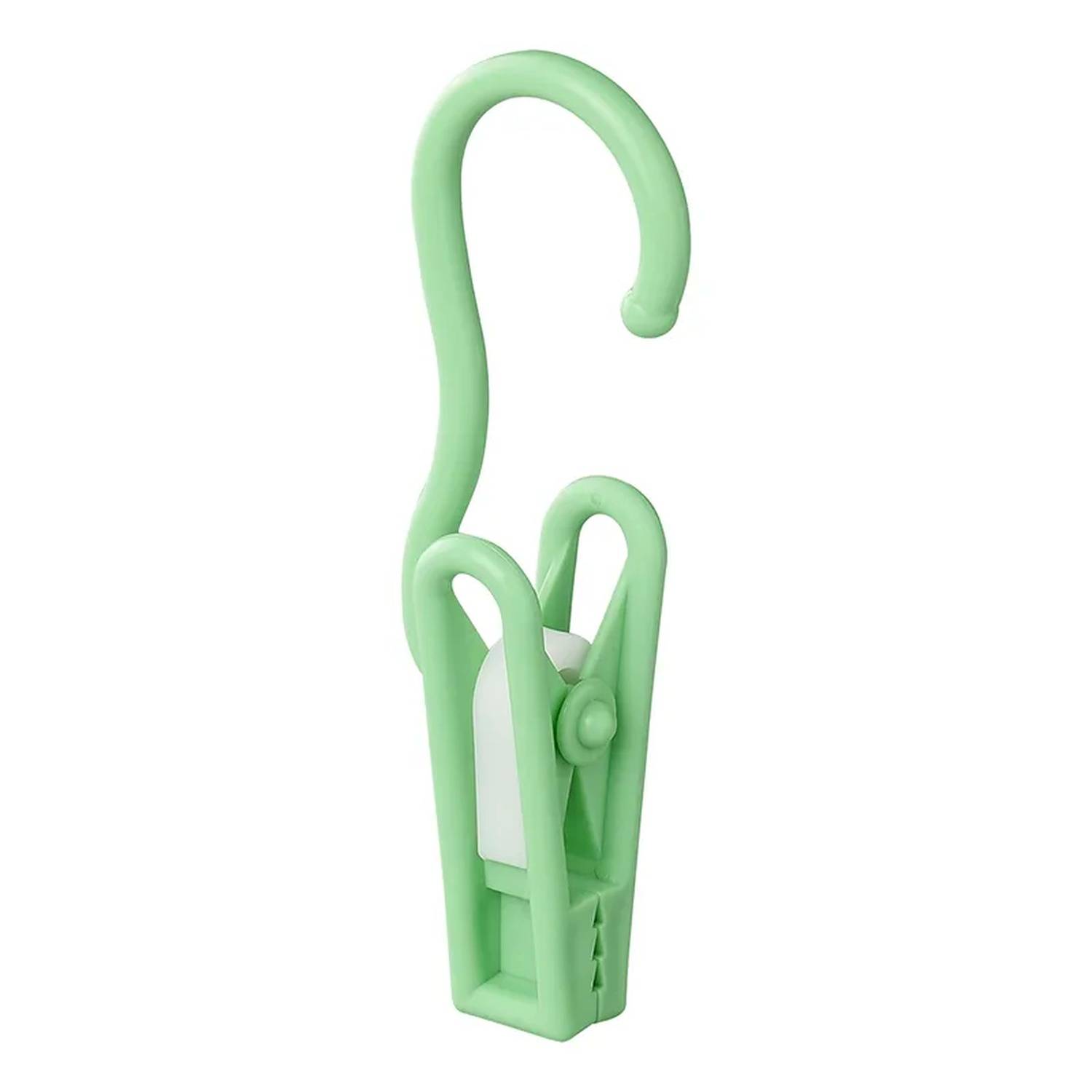 Eine grüne Klammer mit Haken-Design, wahrscheinlich zum Aufhängen von leichten Gegenständen wie Kleidung oder Accessoires.