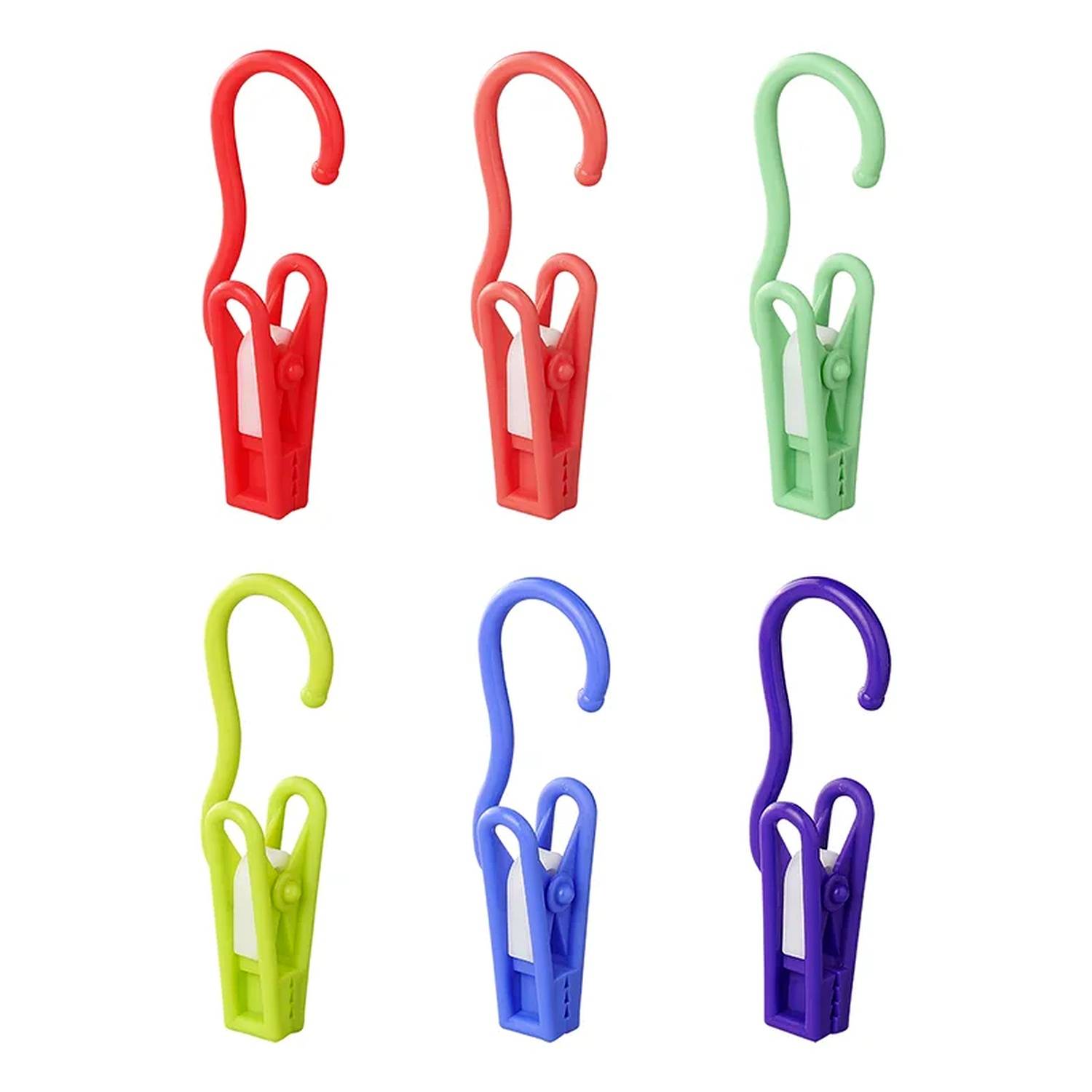 Bunte Klemmhaken in Rot, Grün, Gelb und Lila, in zwei Reihen angeordnet, zum einfachen Aufhängen von Gegenständen.
