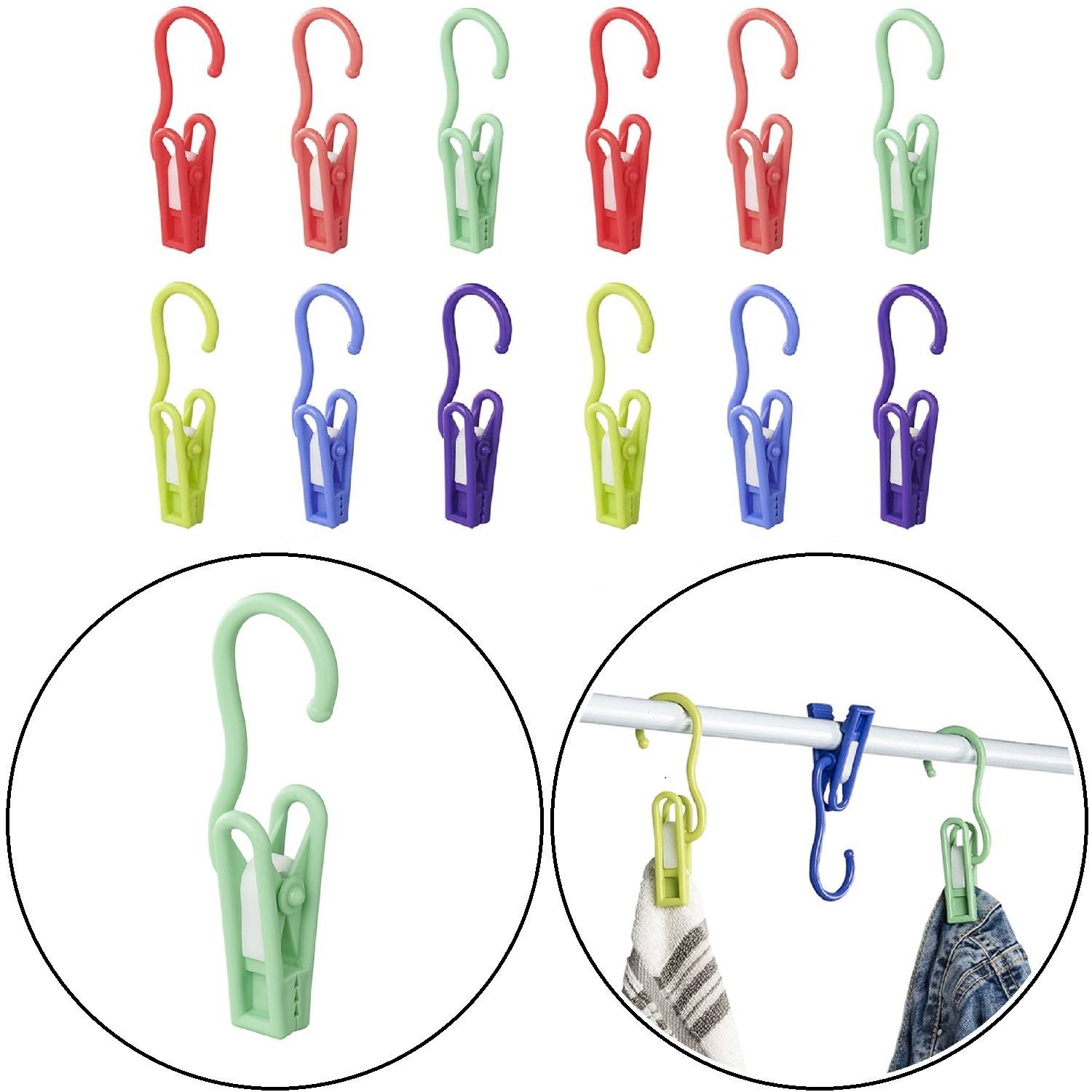 Satz farbenfroher Kunststoff-Kleiderbügel mit Clips in Rot, Grün, Blau und Lila. Das Bild zeigt Kleiderbügel an einer Stange mit angehängter Kleidung.