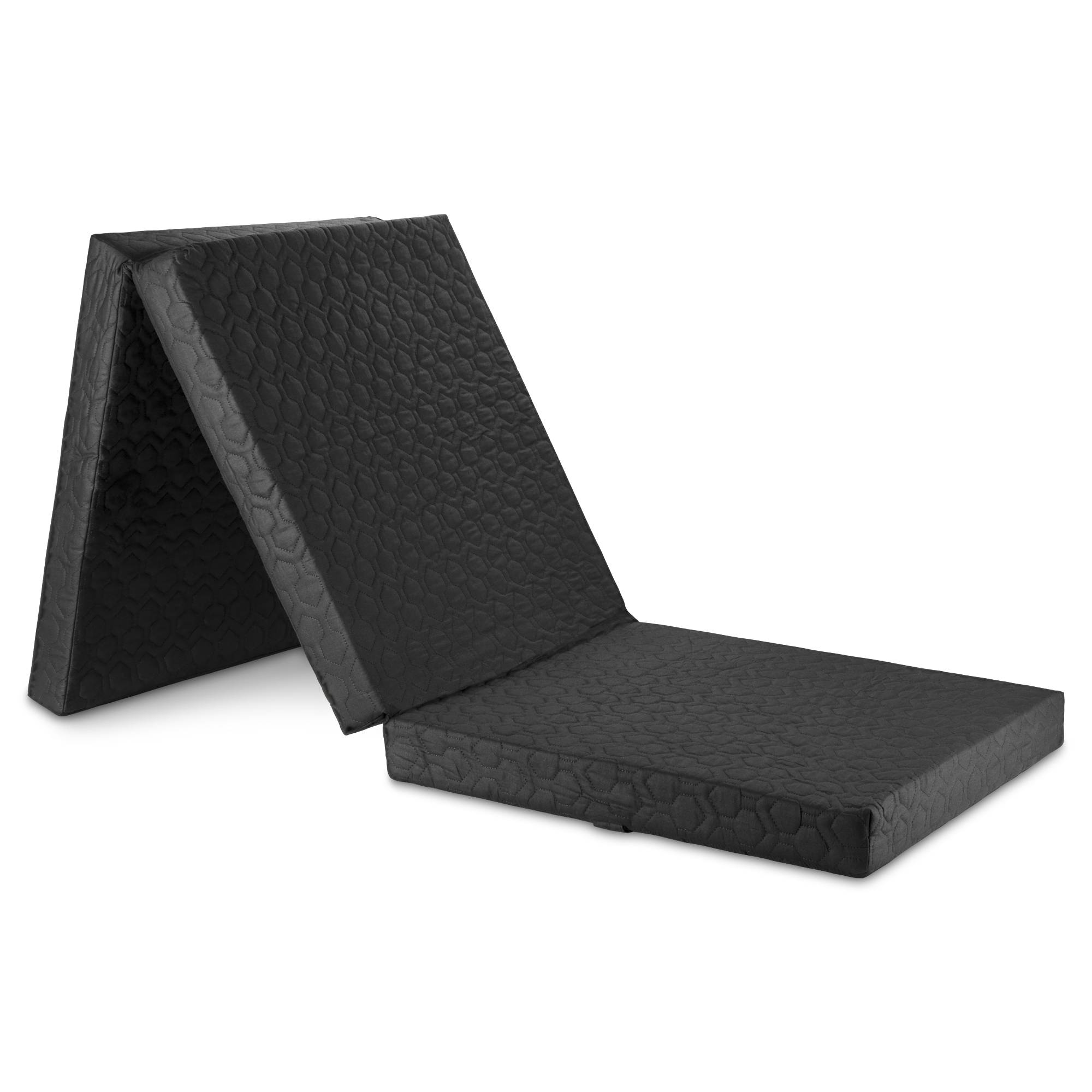 Eine schwarze, faltbare Matratze mit strukturiertem Muster, teilweise in Dreiecksform entfaltet.