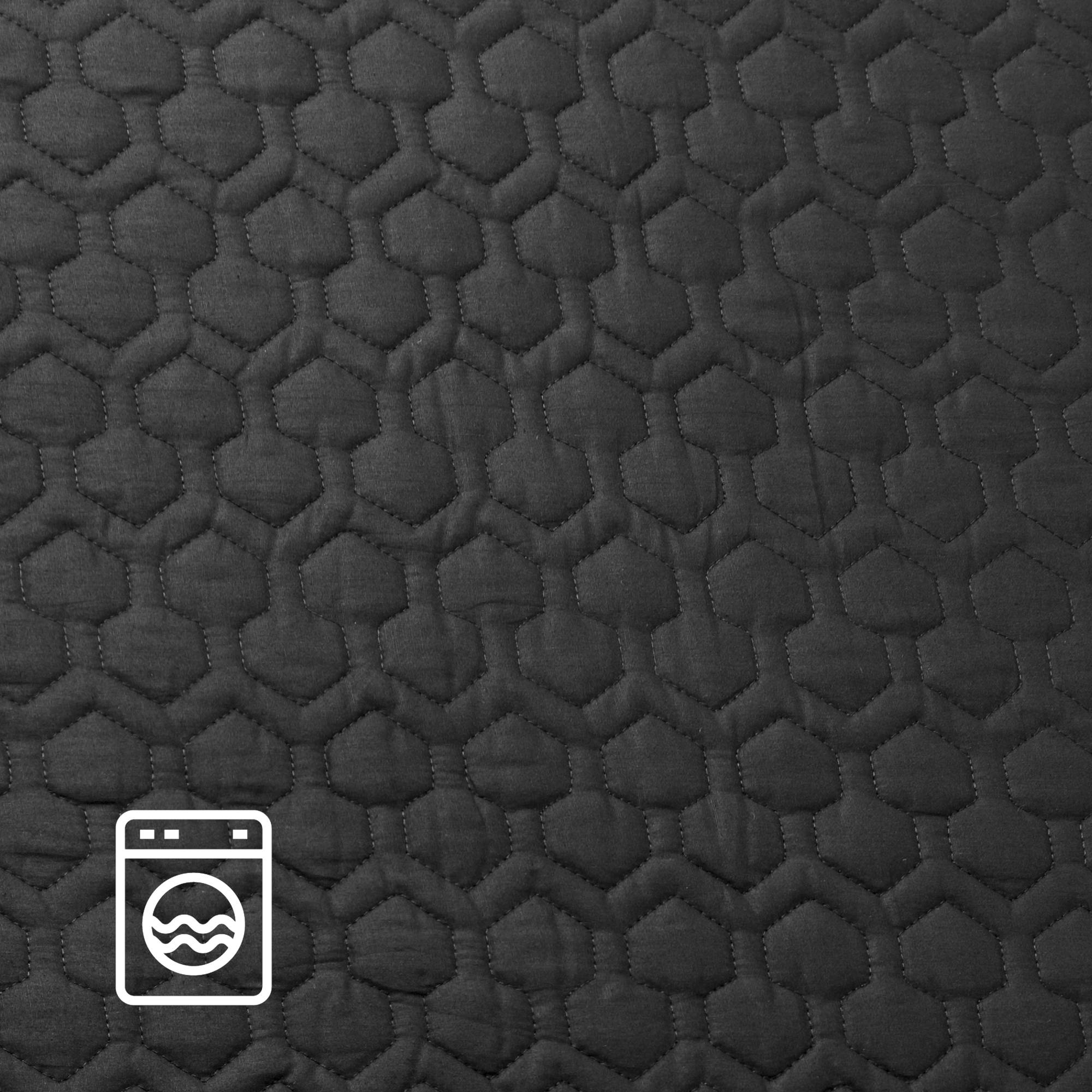 Dunkler Stoff mit sechseckigem Steppmusters und einem Wäschesymbol, das maschinenwaschbar anzeigt.