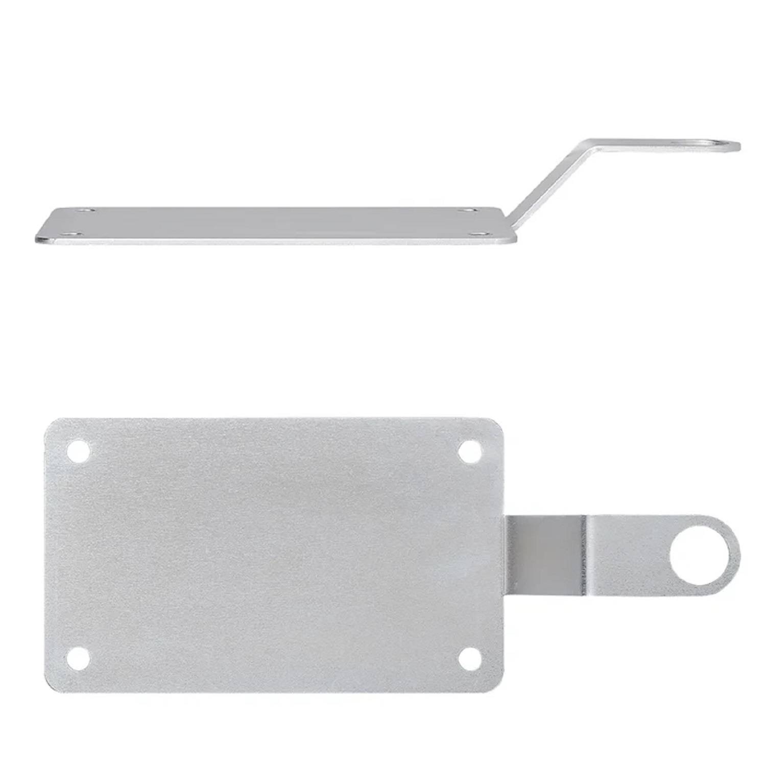 Zwei metallische Halterungen, eine mit einem nach oben gebogenen Arm und die andere mit einer runden Erweiterung, wahrscheinlich zur Montage oder Befestigung verwendet.