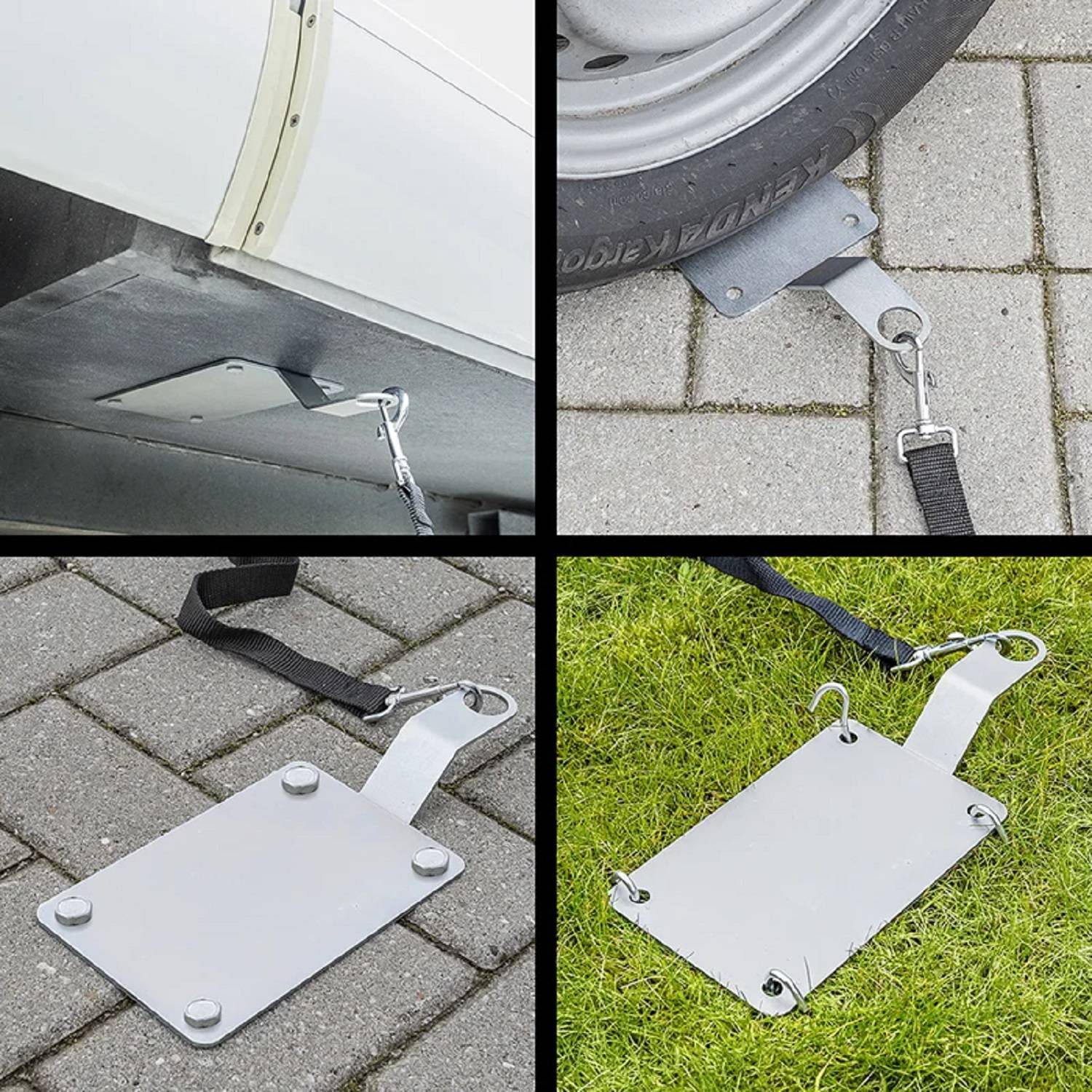 Verschiedene Methoden zum Sichern eines geparkten Anhängers mit einem Diebstahlschutz-Plattensystem, angebracht am Boden oder am Rad und auf unterschiedlichen Oberflächen.