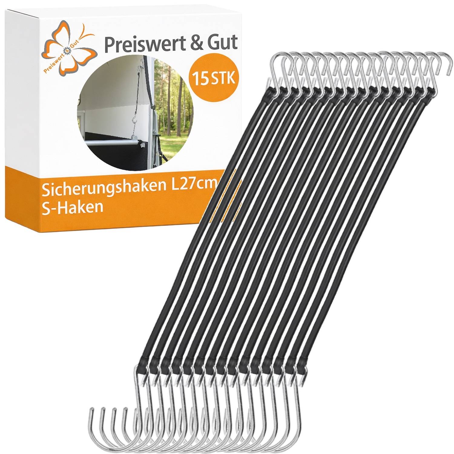 15-teiliges Set schwarzer S-Haken in Länge 27 cm zum sicheren Befestigen, mit Verpackung abgebildet.