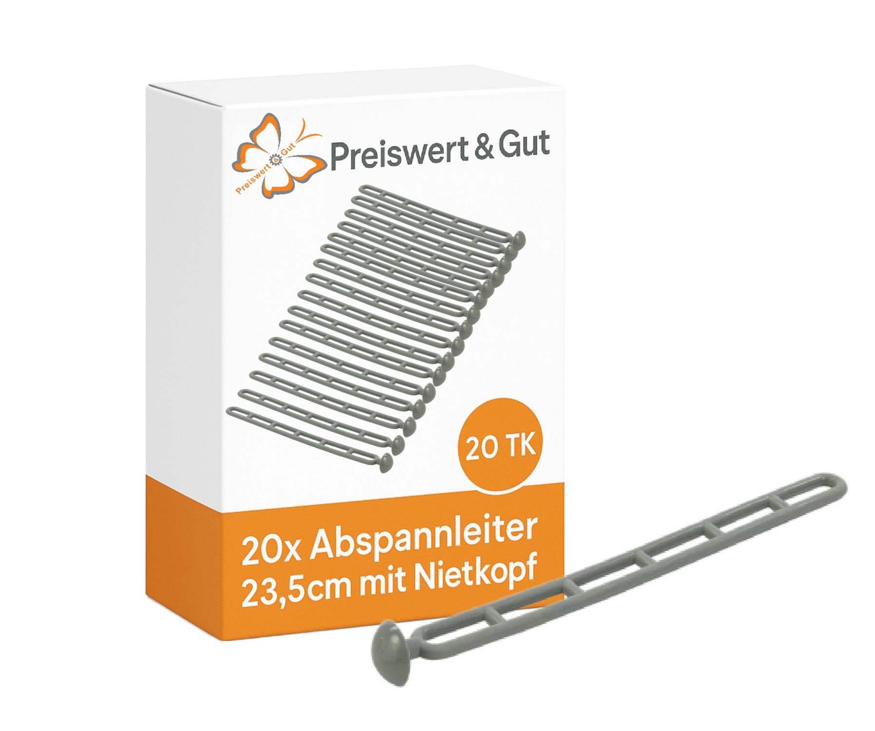 Packung mit 20 Spannstangen, 23,5 cm, mit kopfloser Konstruktion, gekennzeichnet mit 'Preiswert & Gut'. Bild zeigt Stangen und Verpackungsdesign.