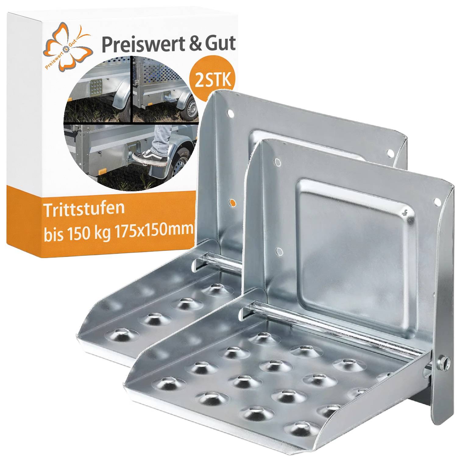 Zwei Metalltritte zum Ausklappen mit der Bezeichnung „Preiswert & Gut