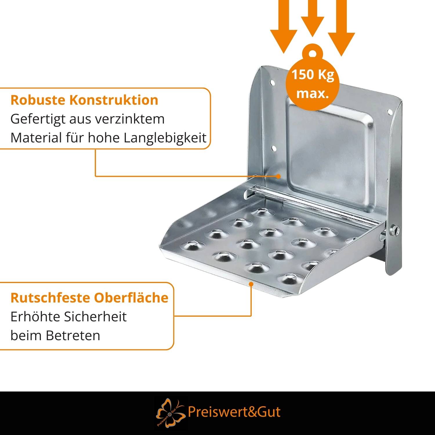 Ein metallischer Klapphalter mit einer maximalen Belastbarkeit von '150 kg'. Als robust, mit Rostschutz und erhöhter Sicherheit gekennzeichnet. Marke: Preiswert&Gut.