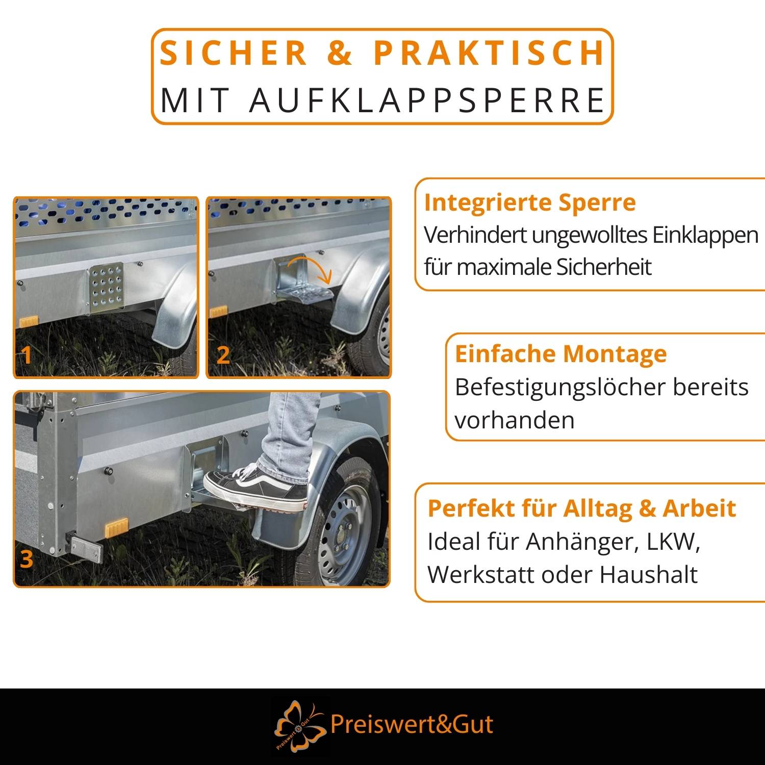 Sicher & Praktisch Mit Aufklappsperre' - verhindert unbeabsichtigtes Zusammenklappen. Einfache Montage, Löcher bereits vorgebohrt. Ideal für den Alltag, Arbeit und Haushalt.