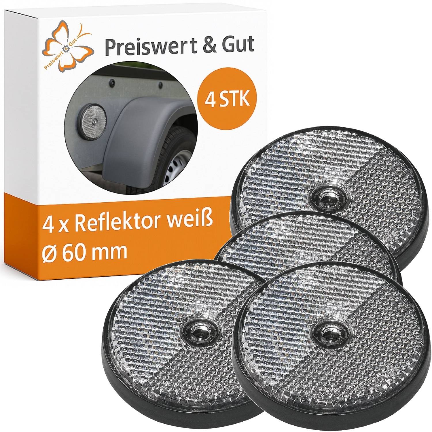 Vier runde weiße Rückstrahler, jeder 60 mm im Durchmesser, werden vor einer Box mit der Aufschrift 