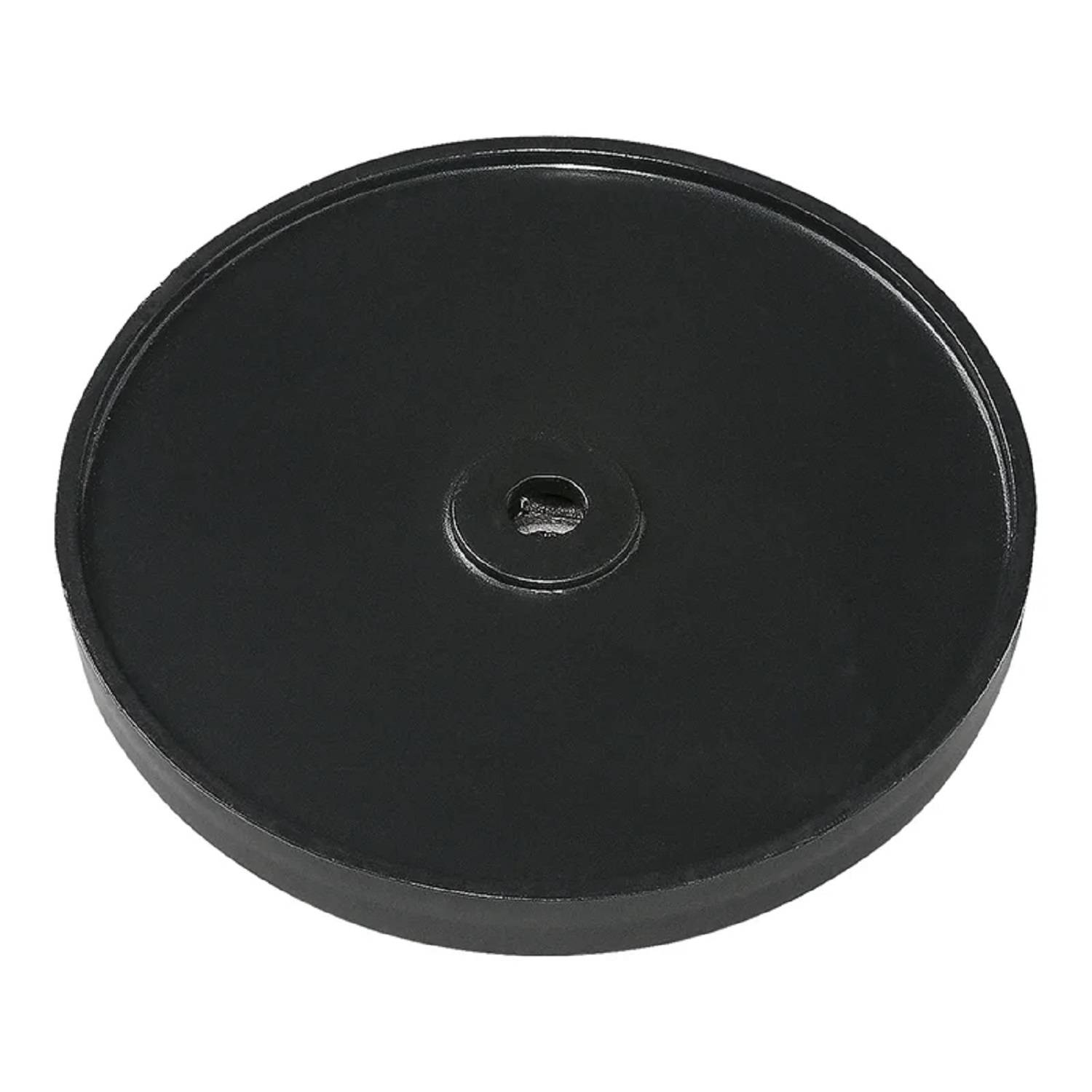 Eine runde, schwarze Gummi-Hantelscheibe mit einer zentralen Bohrung, die zum Gewichtheben verwendet wird.