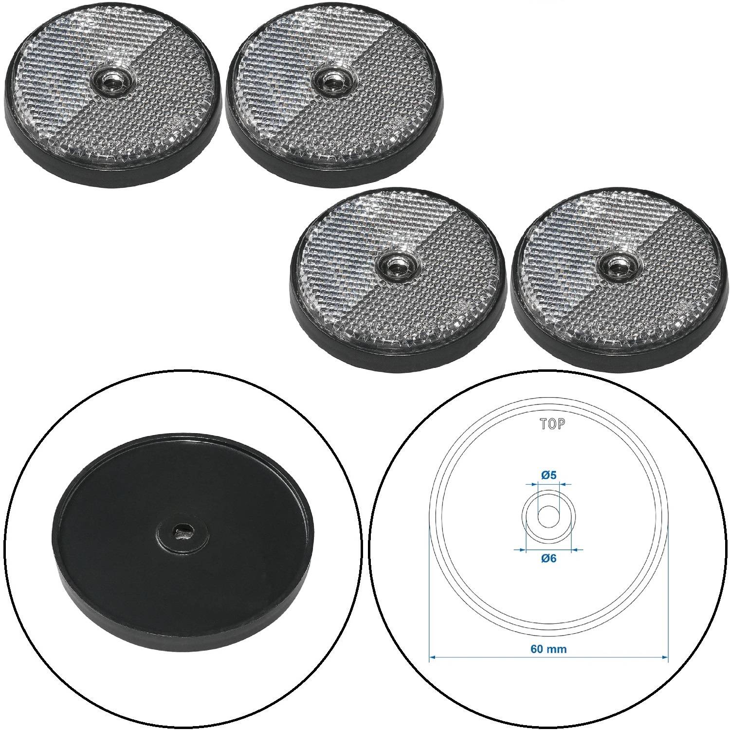 Vier schwarze und silberne runde Möbeltransporter, von oben und unten gezeigt, mit einer detaillierten Skizze, die die Abmessungen darstellt.